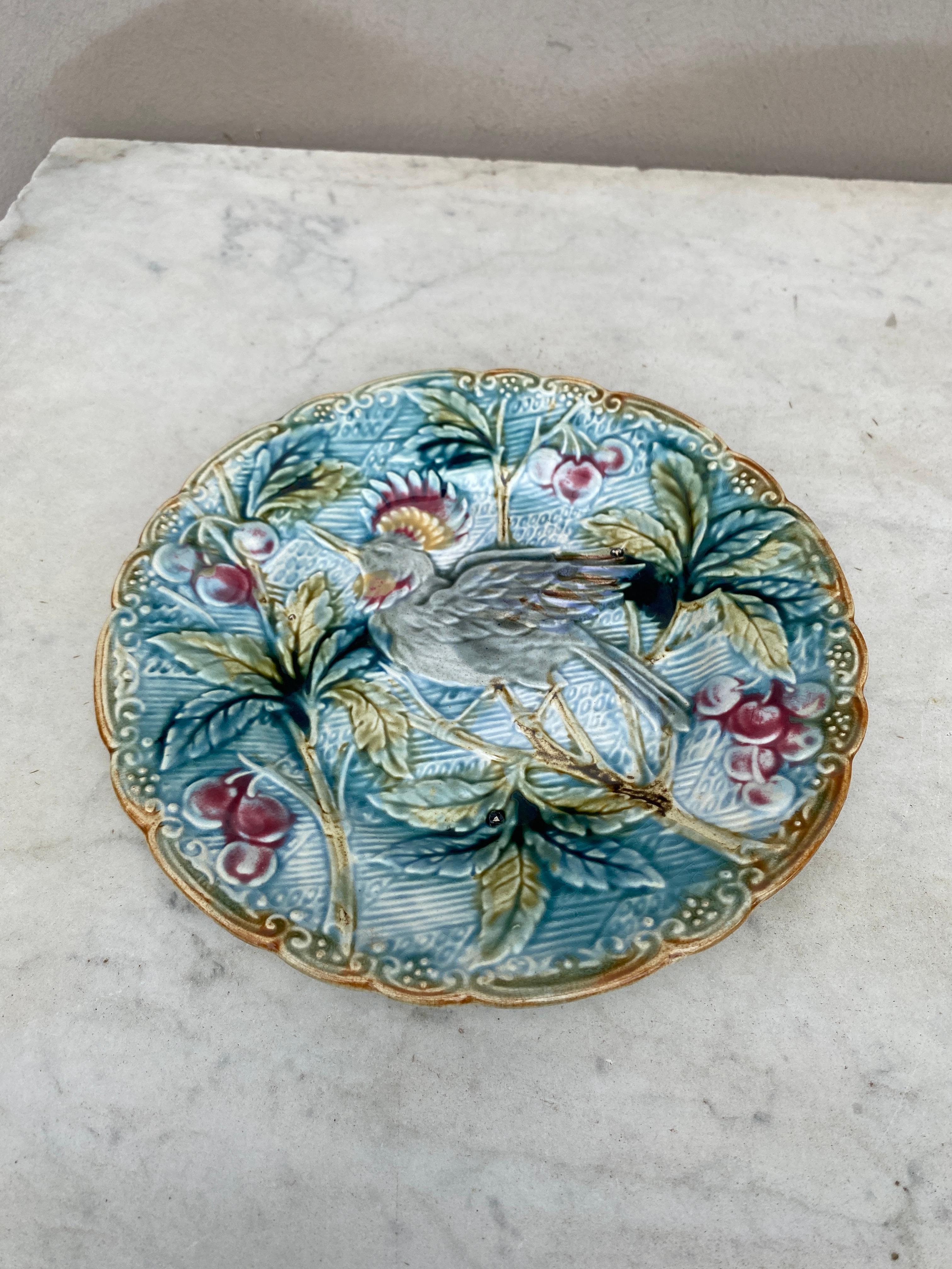 Rustic Majolica Bird with Cherries Plate Wasmuel, circa 1890 For Sale