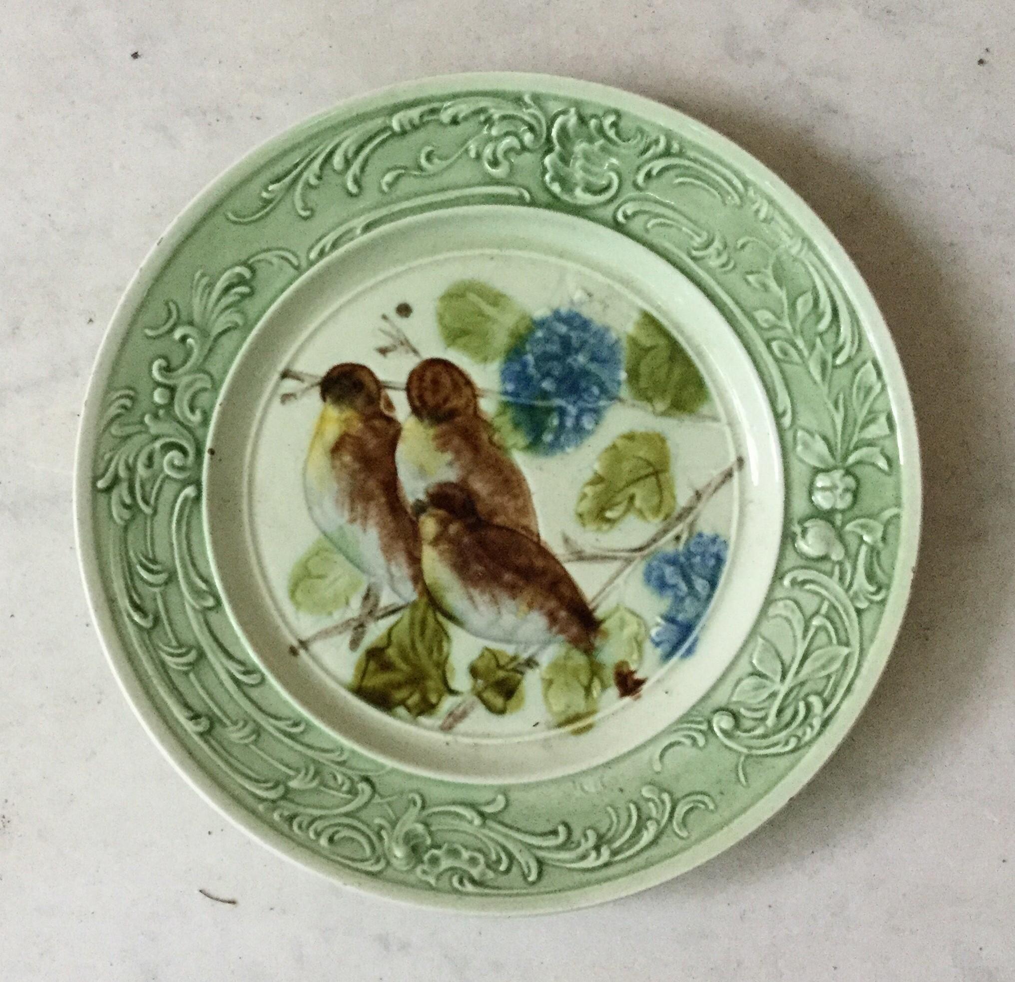 Ceramic Majolica Bird with Cherries Plate Wasmuel, circa 1890