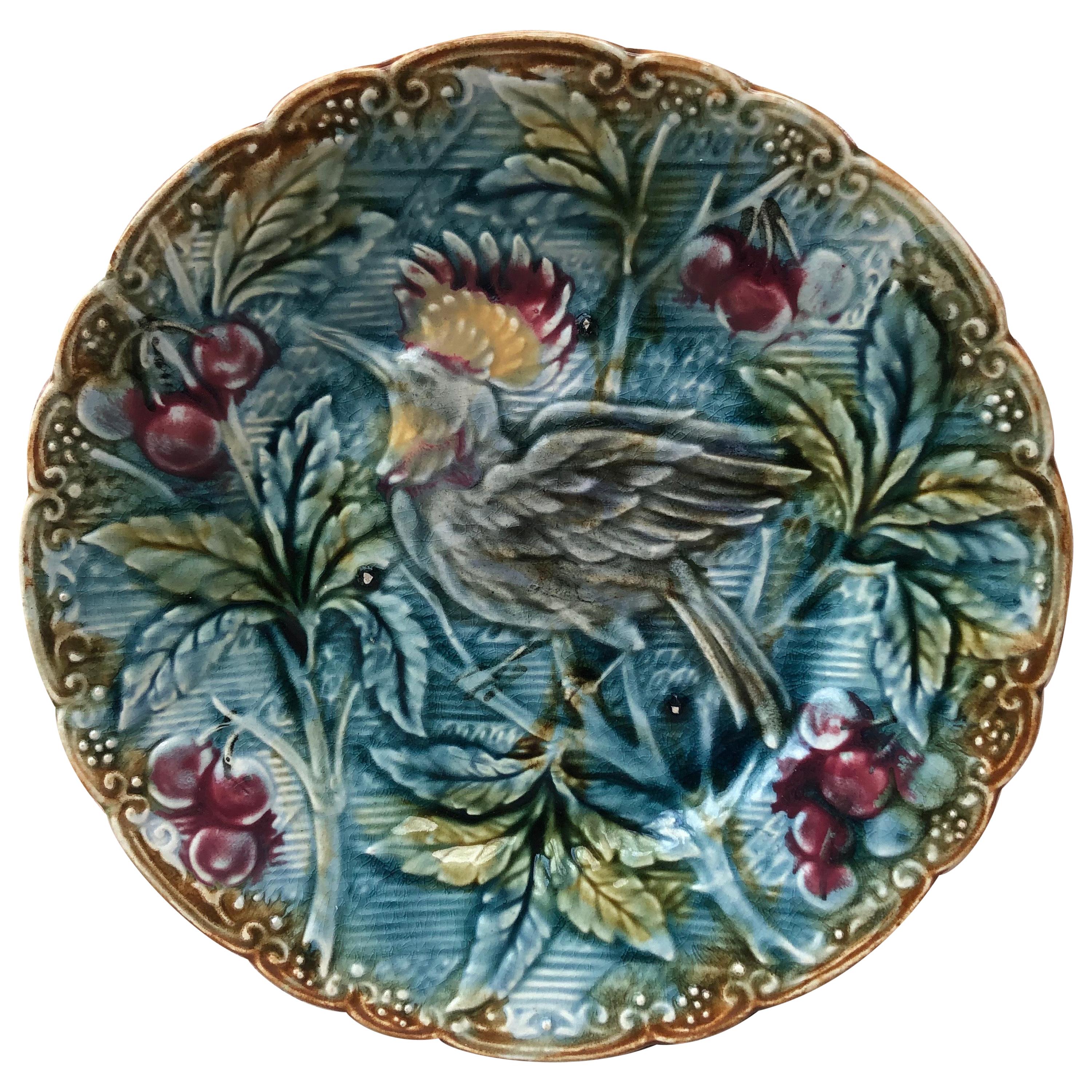 Majolica Bird with Cherries Plate Wasmuel, circa 1890