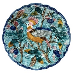 Majolica Bird with Cherries Plate Wasmuel, circa 1890