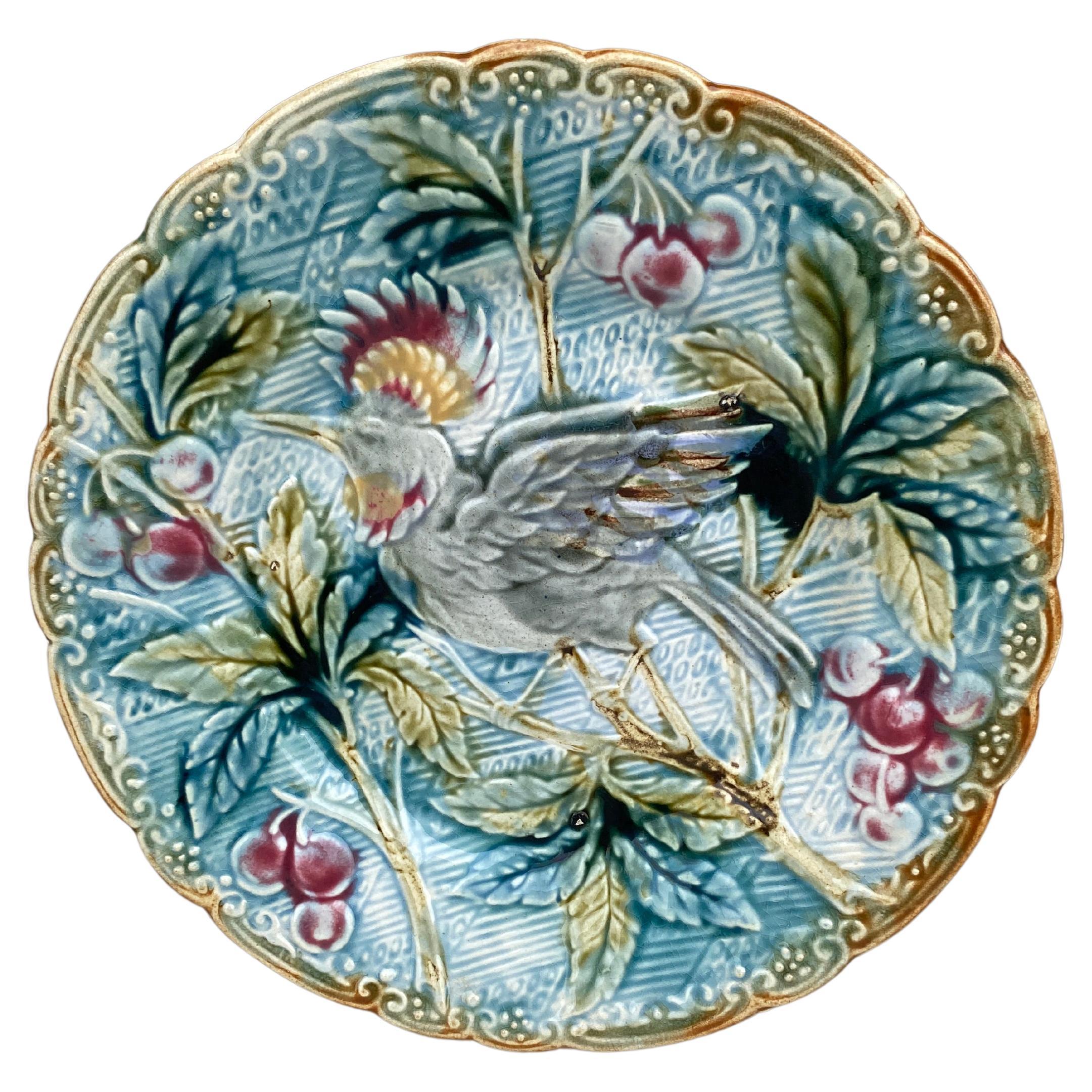 Majolica Bird with Cherries Plate Wasmuel, circa 1890 For Sale