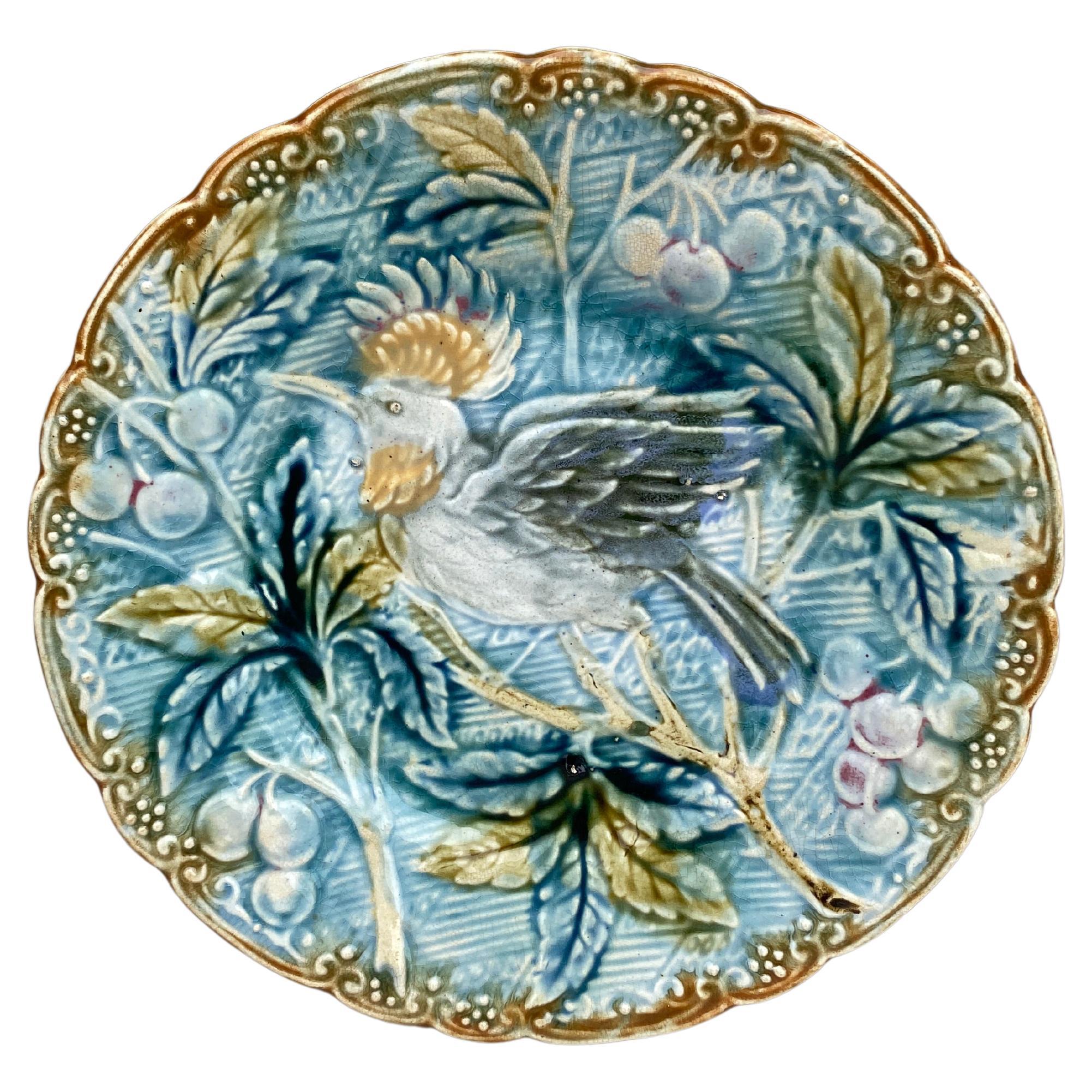 Majolica Bird with Cherries Plate Wasmuel, circa 1890 For Sale