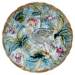 Antique Majolica Bird with Cherries Plate Wasmuel, circa 1890
