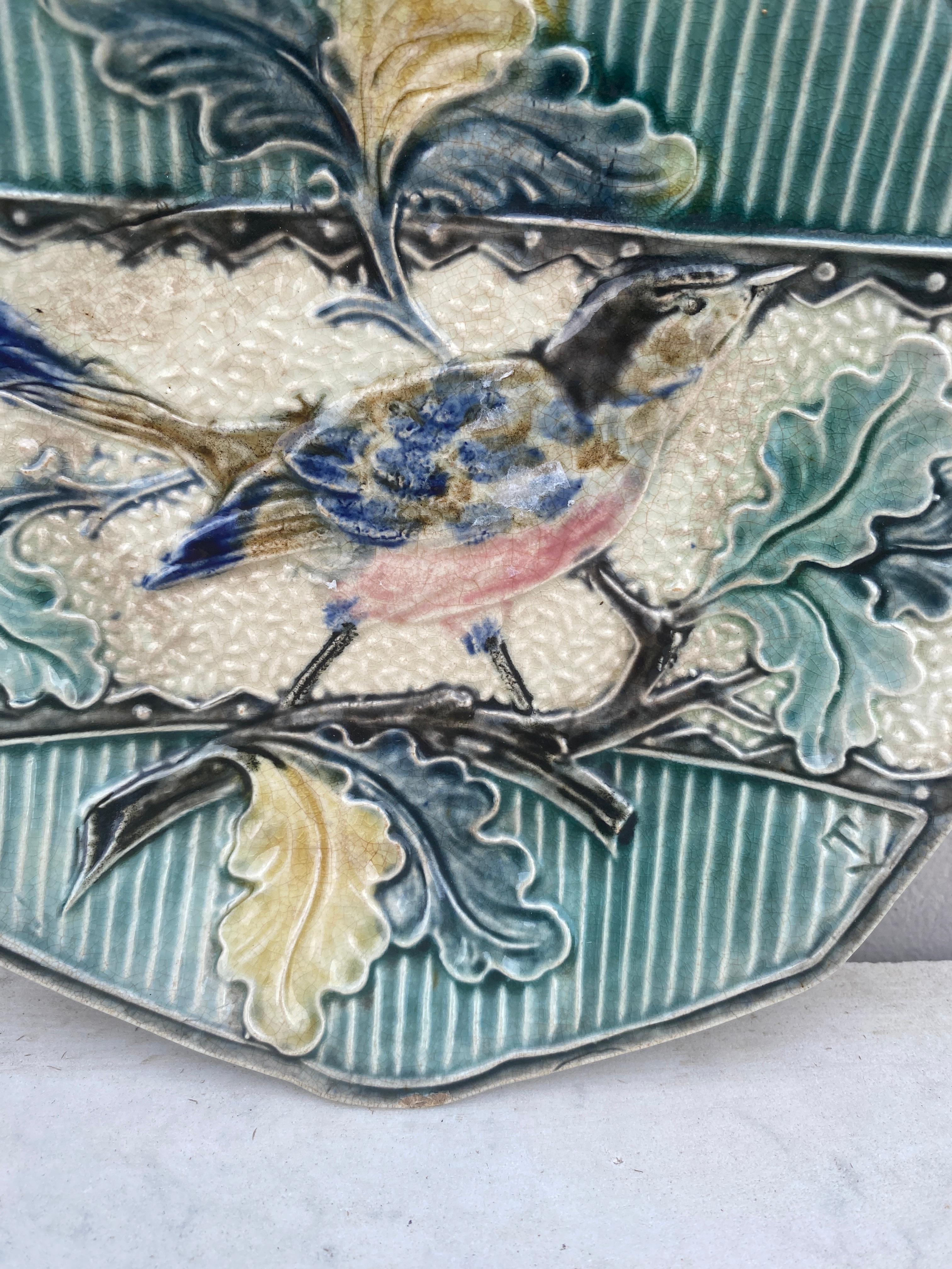 Majolica bird with oak leaves plate, circa 1880.
From Belgium.