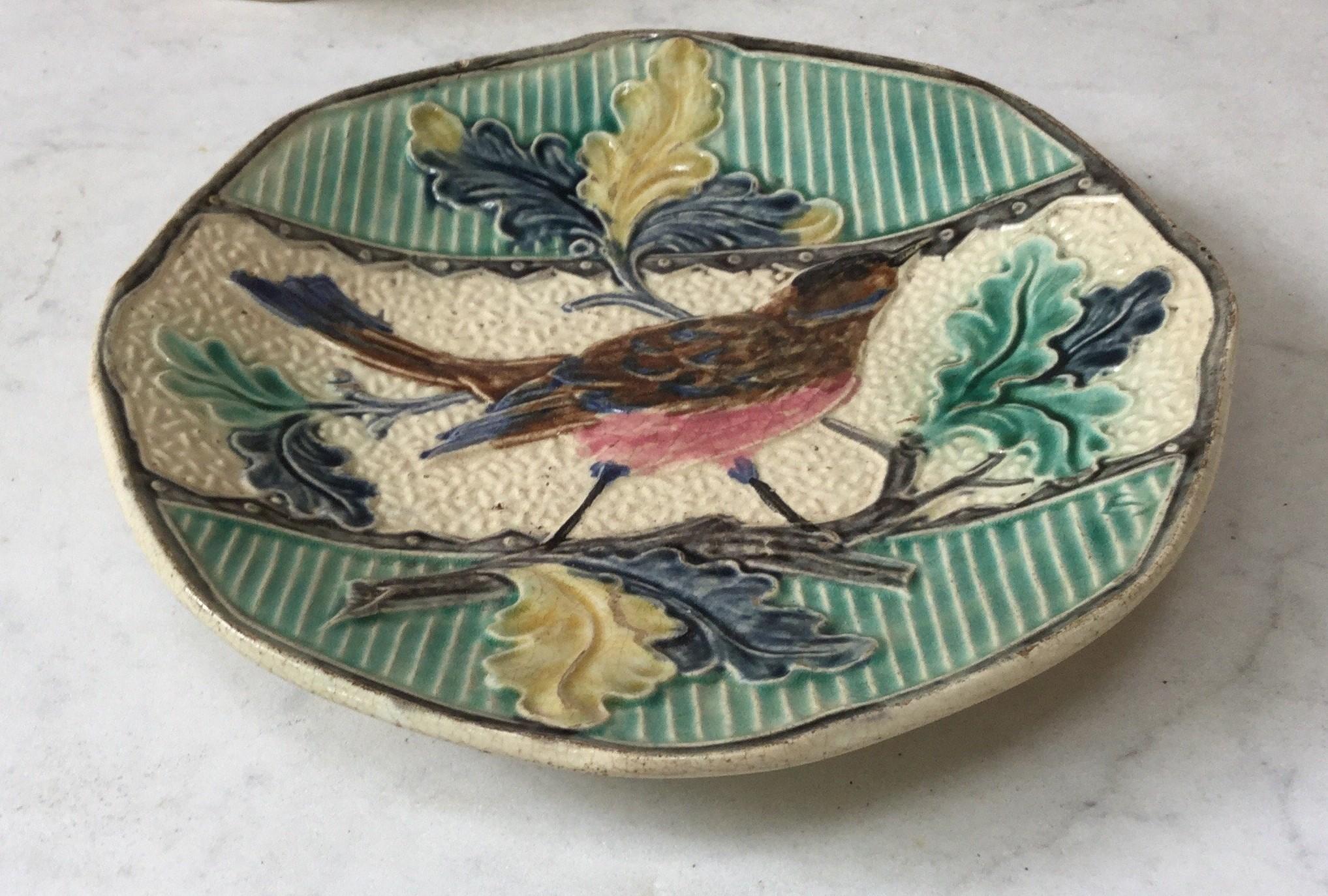 Country Majolica Bird with Oak Leaves Plate, circa 1880
