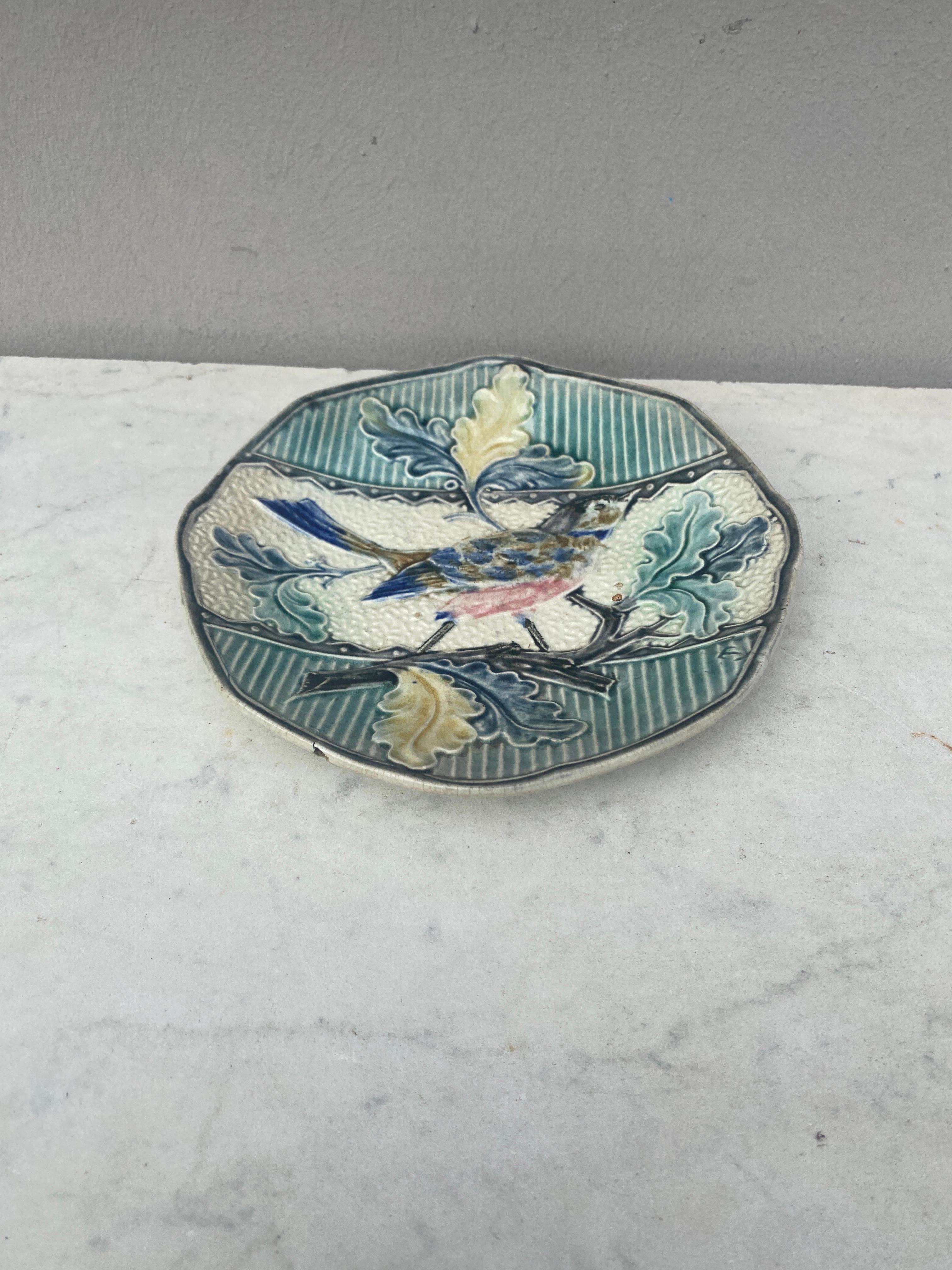 Country Majolica Bird with Oak Leaves Plate, circa 1880 For Sale