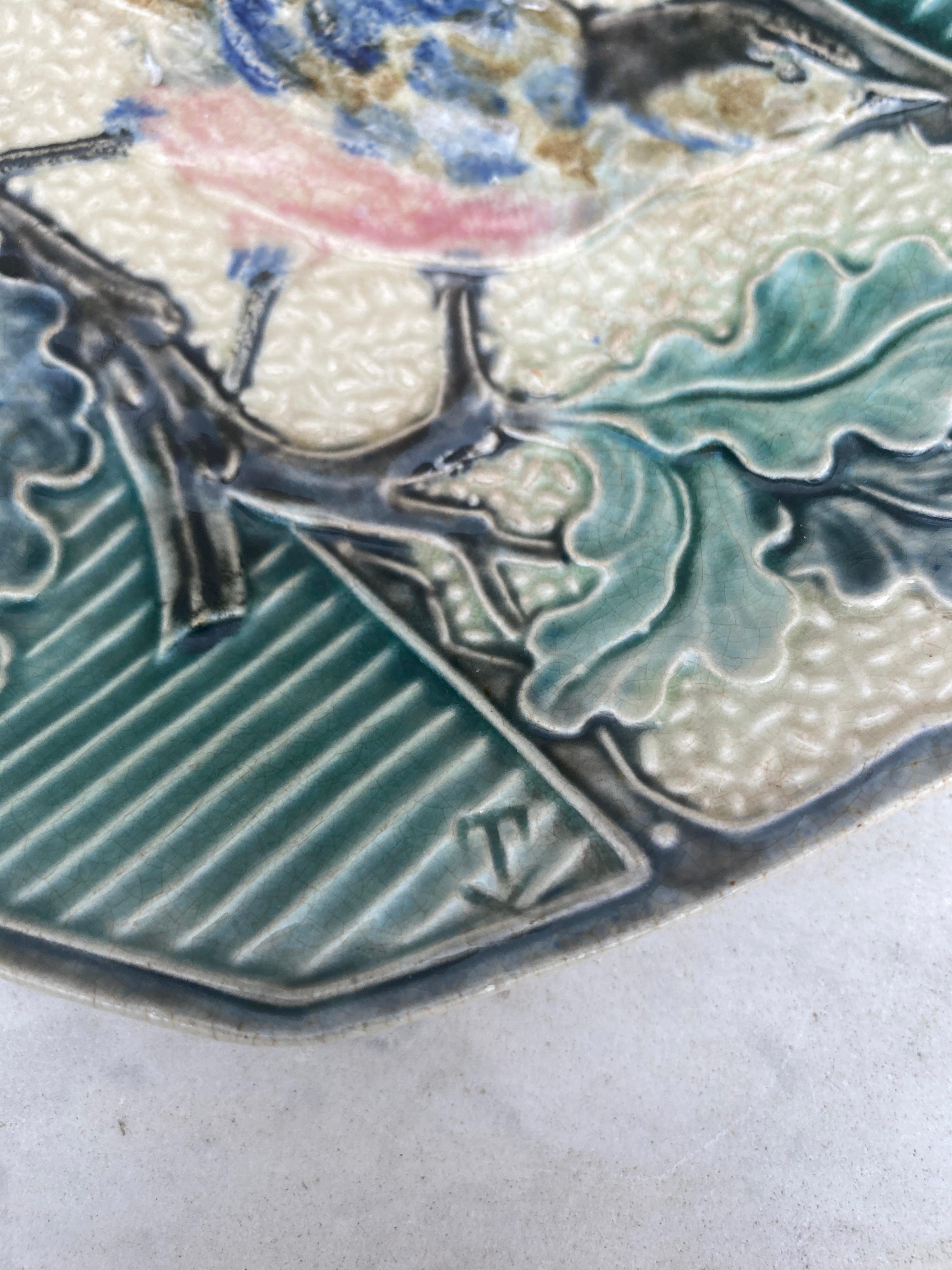 Majolica Bird with Oak Leaves Plate, circa 1880 In Good Condition In Austin, TX