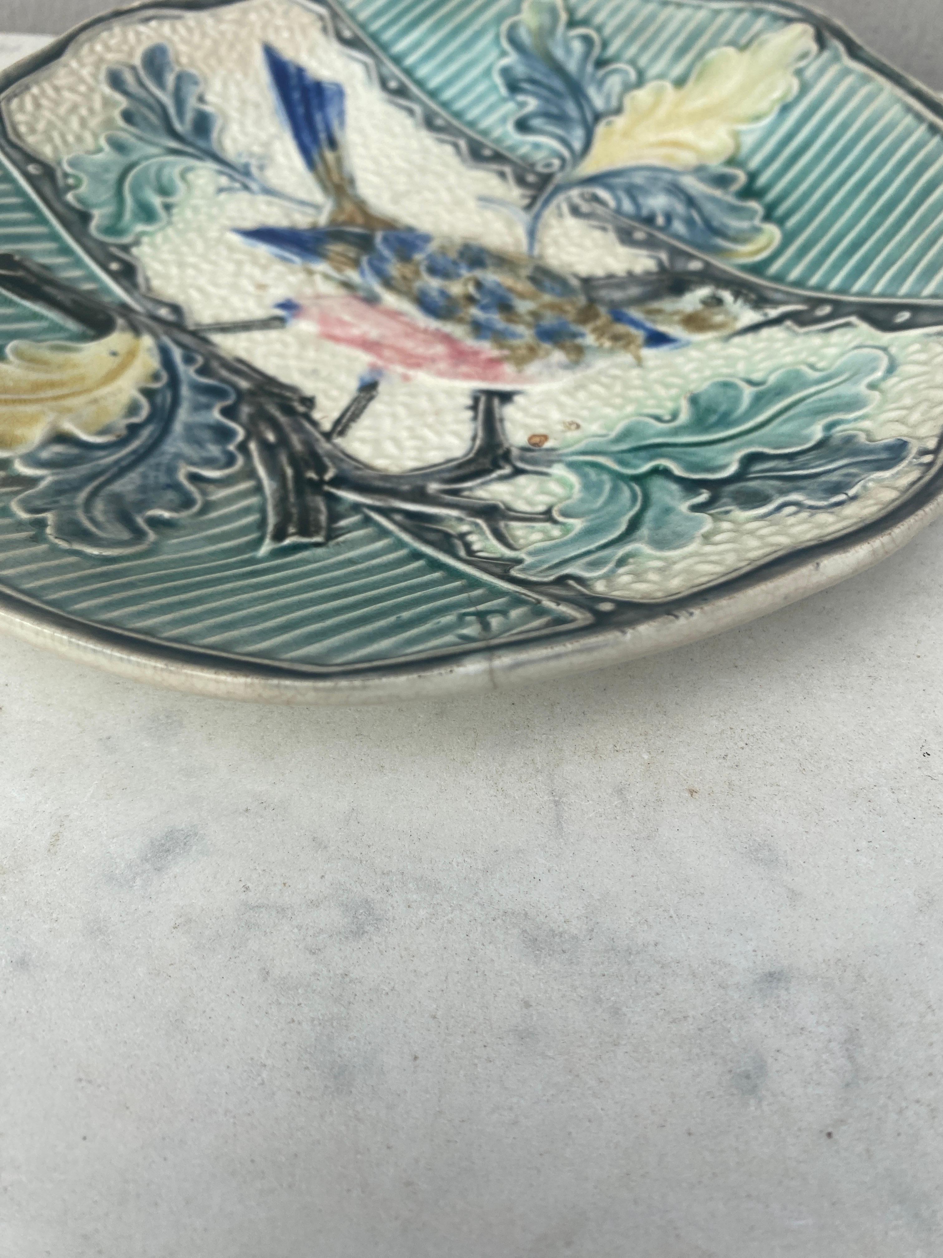 Majolica Bird with Oak Leaves Plate, circa 1880 In Good Condition For Sale In Austin, TX