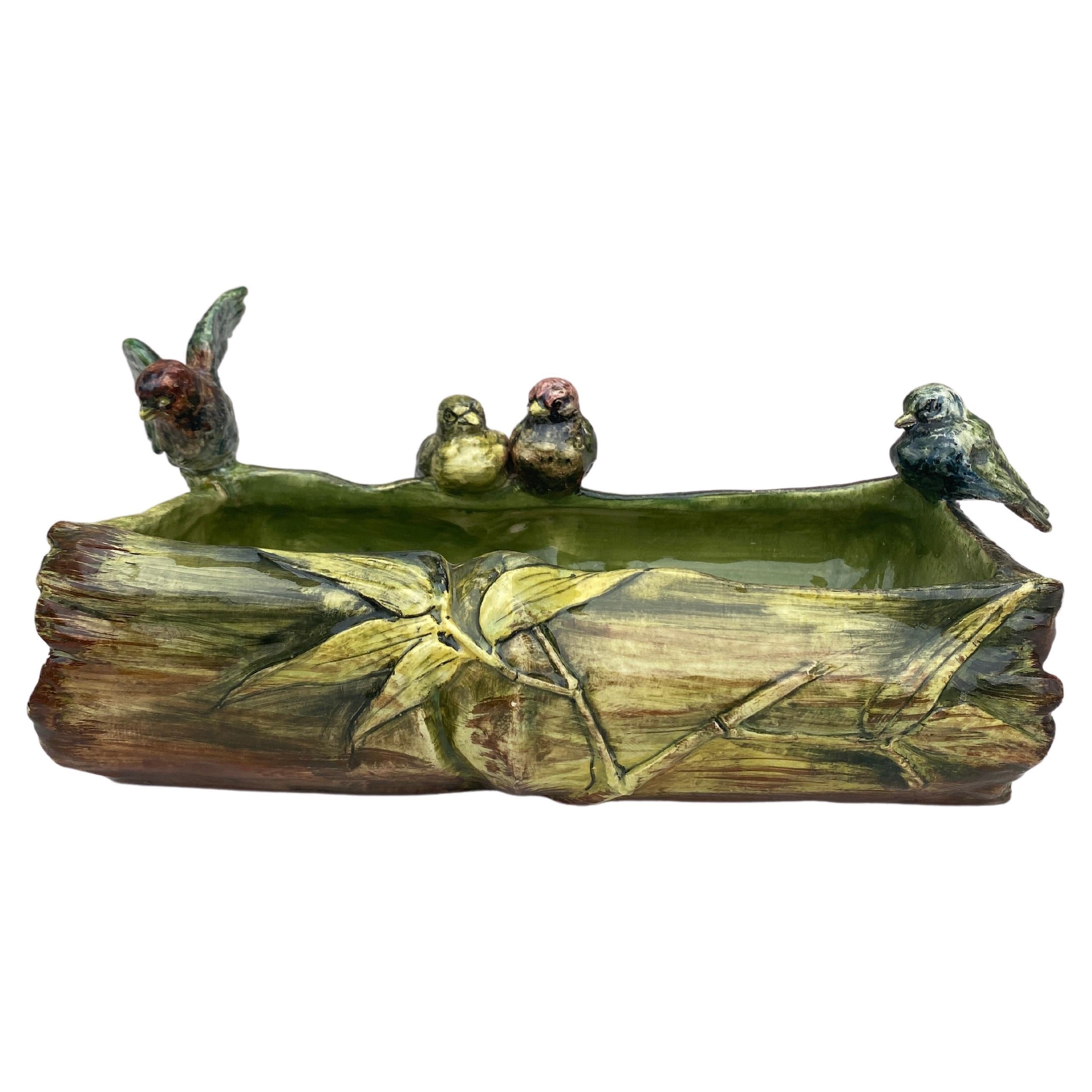 Antique Majolica birds jardinière with bamboo circa 1890, signed Clement Massier Golfe-Juan.
 