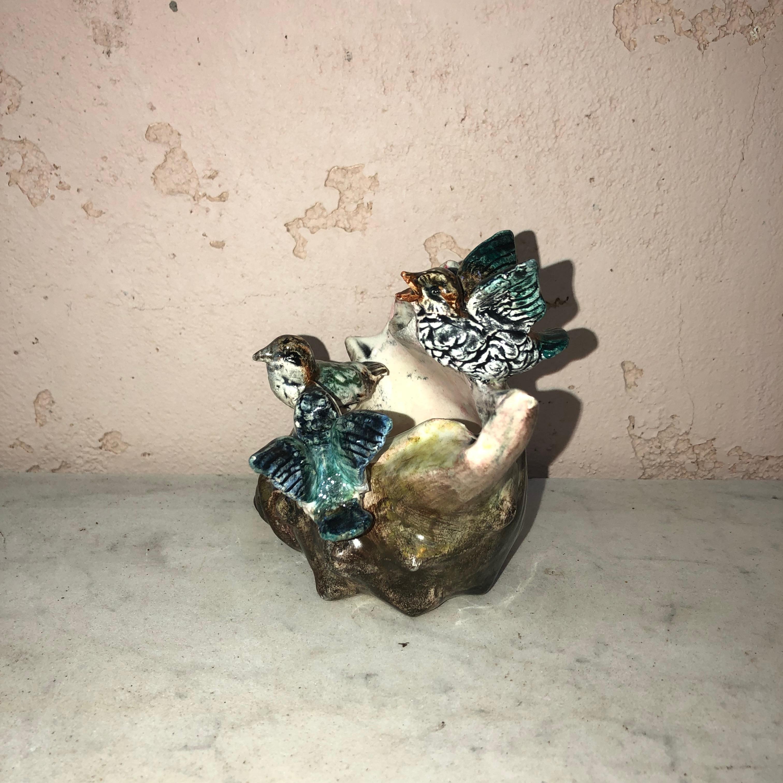 French Majolica Birds on Shell Jardiniere Massier, circa 1890 For Sale