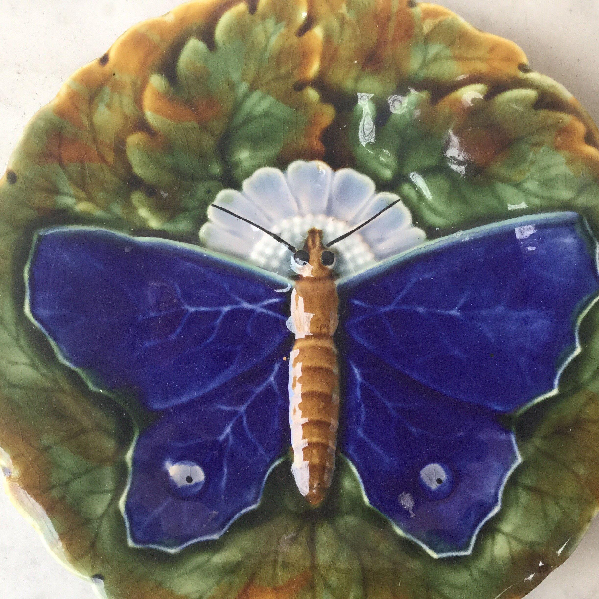 Art Nouveau Majolica Blue Butterfly Plate Josef Steidl Znaim, circa 1890 For Sale