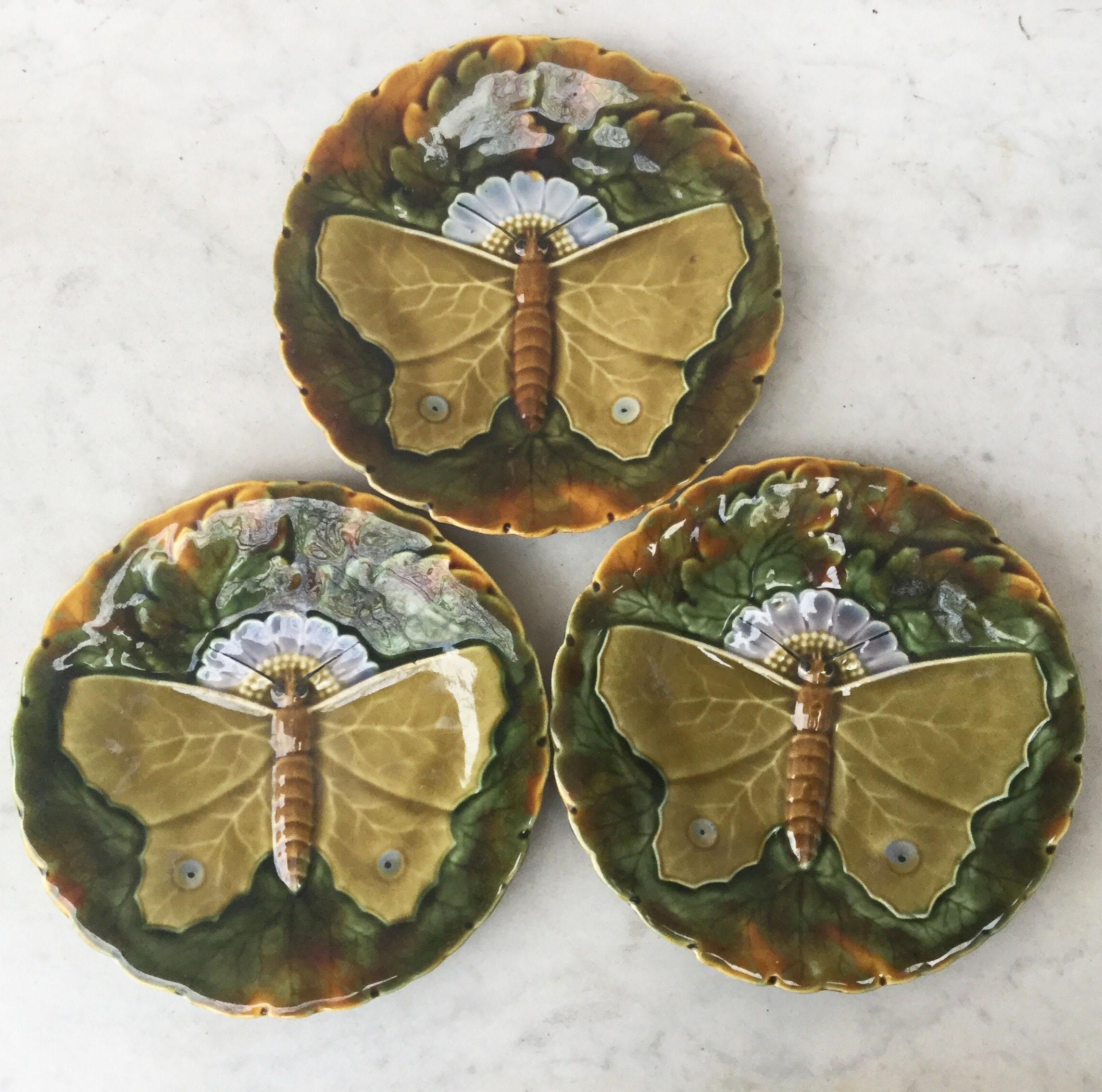 Ceramic Majolica Blue Butterfly Plate Josef Steidl Znaim, circa 1890 For Sale