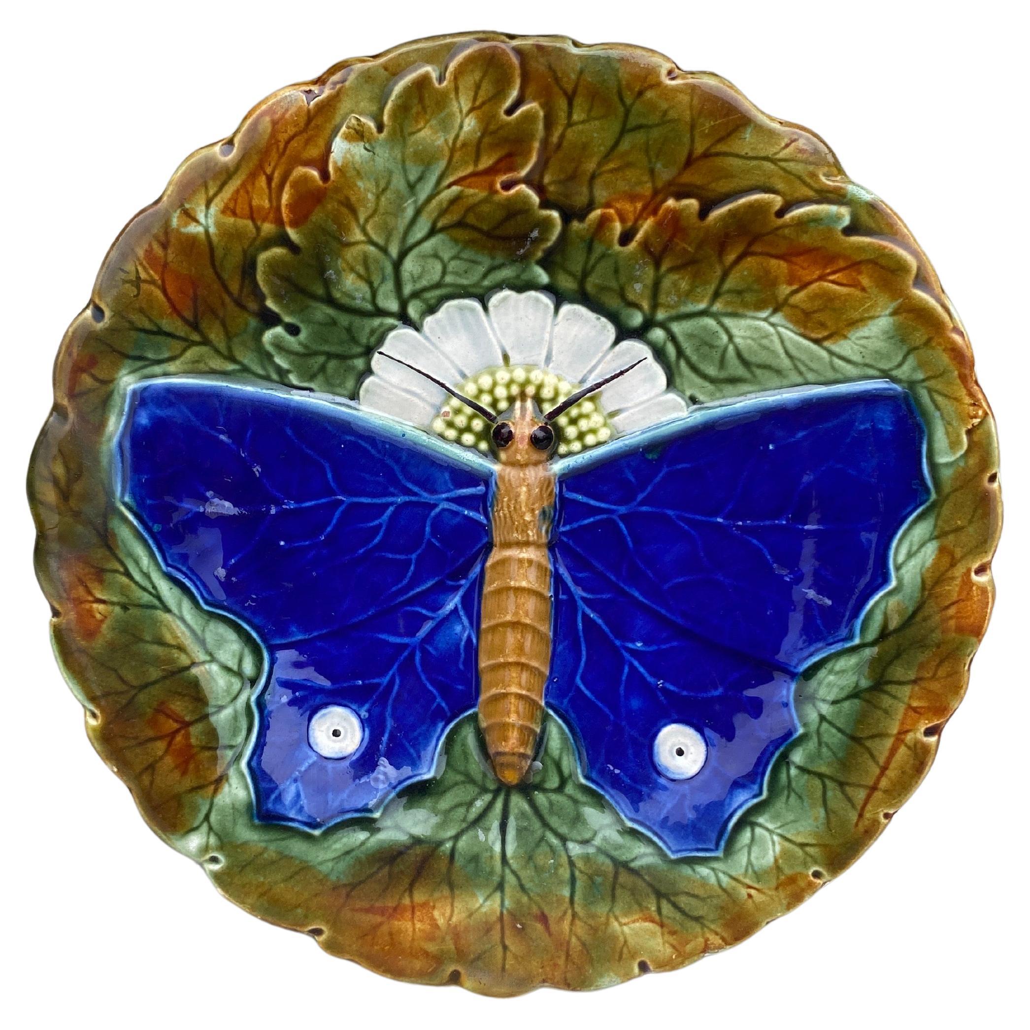 Majolica Blue Butterfly Plate Josef Steidl Znaim, circa 1890
