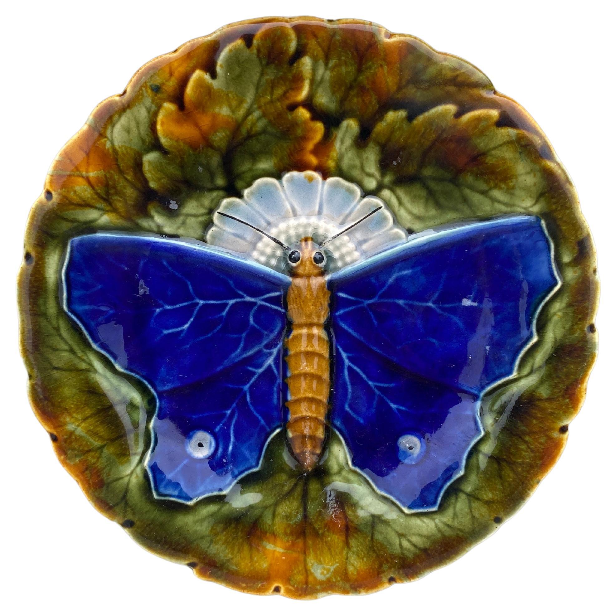 Majolica Blue Butterfly Plate Josef Steidl Znaim, circa 1890