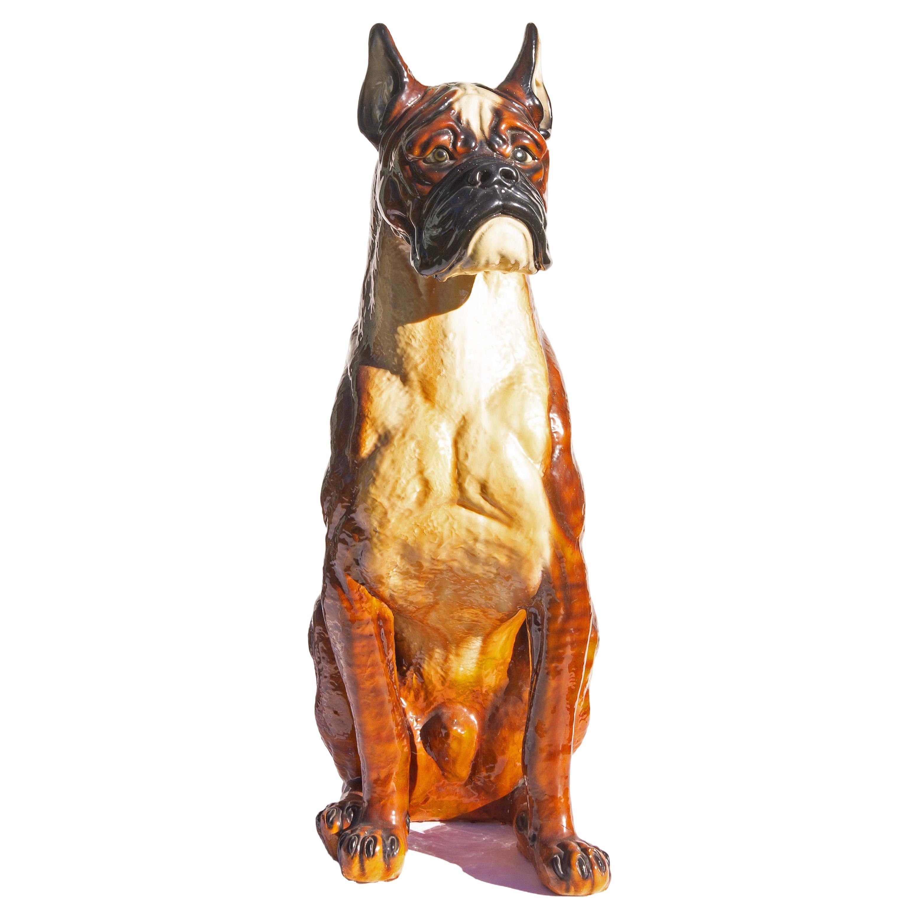 Glazed Majolica Boxer Dog Life Size  For Sale