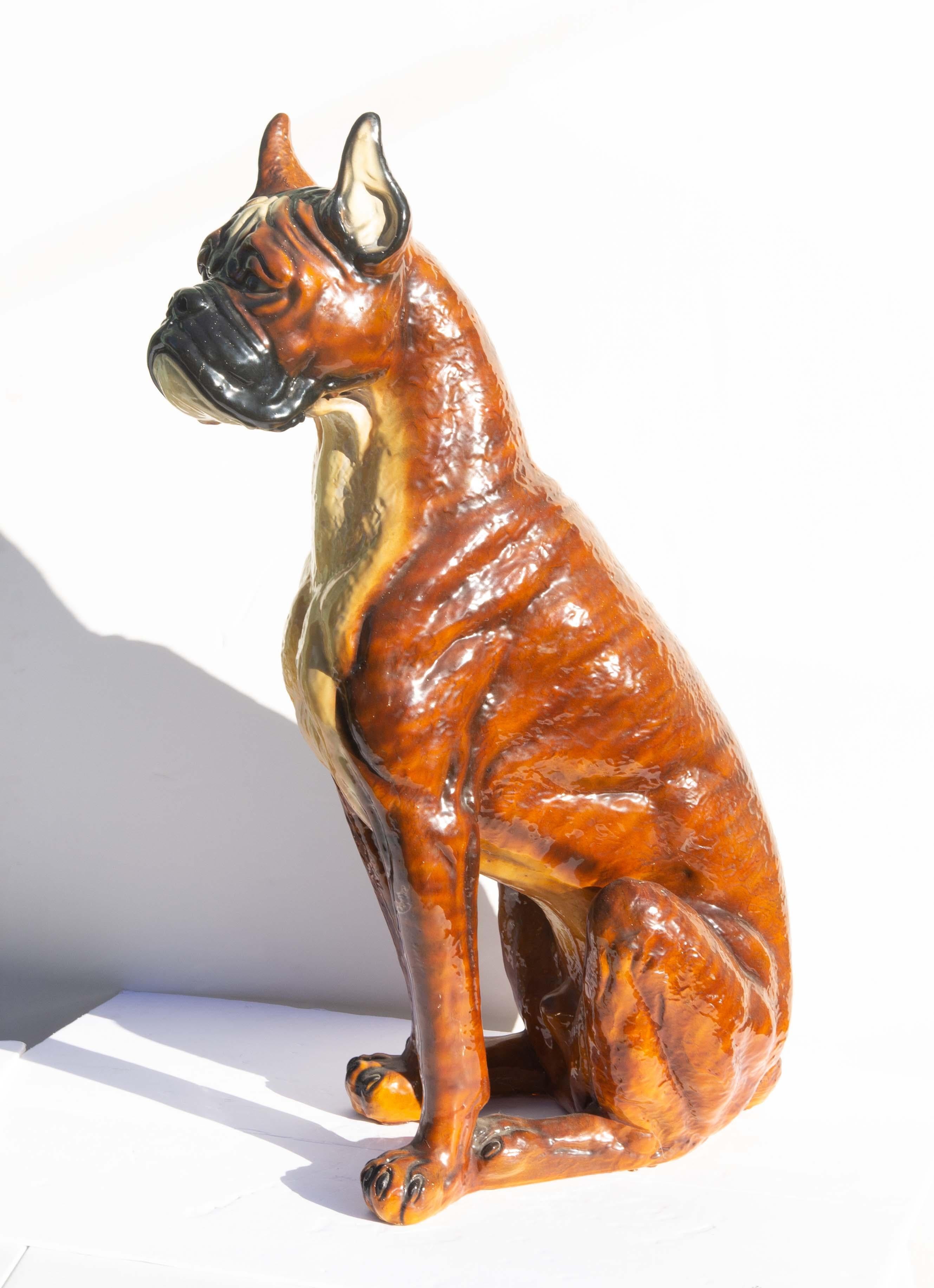 Majolica Boxer Dog Life Size  In Good Condition For Sale In Rochester, NY