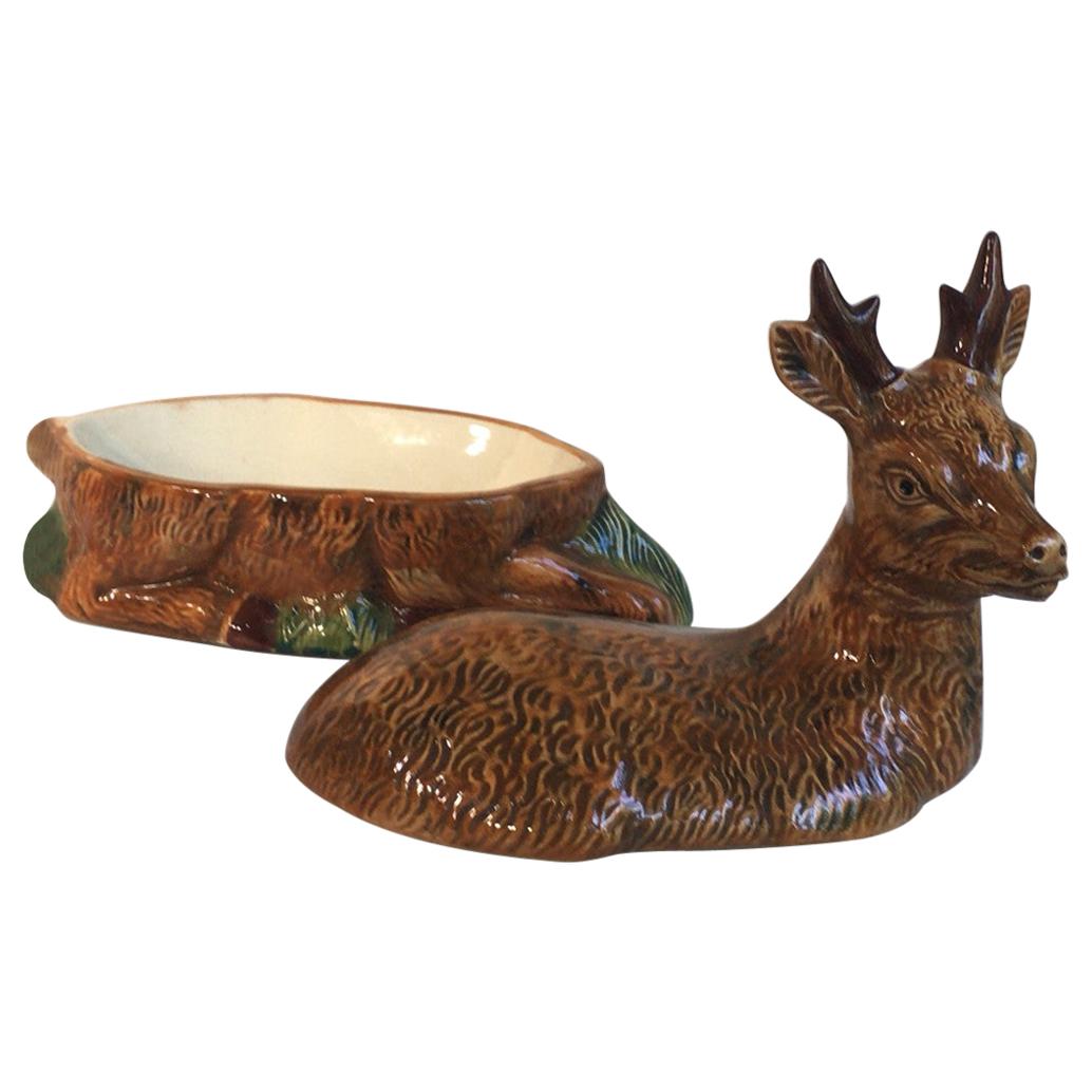 French Majolica deer tureen signed Caugant, circa 1940.