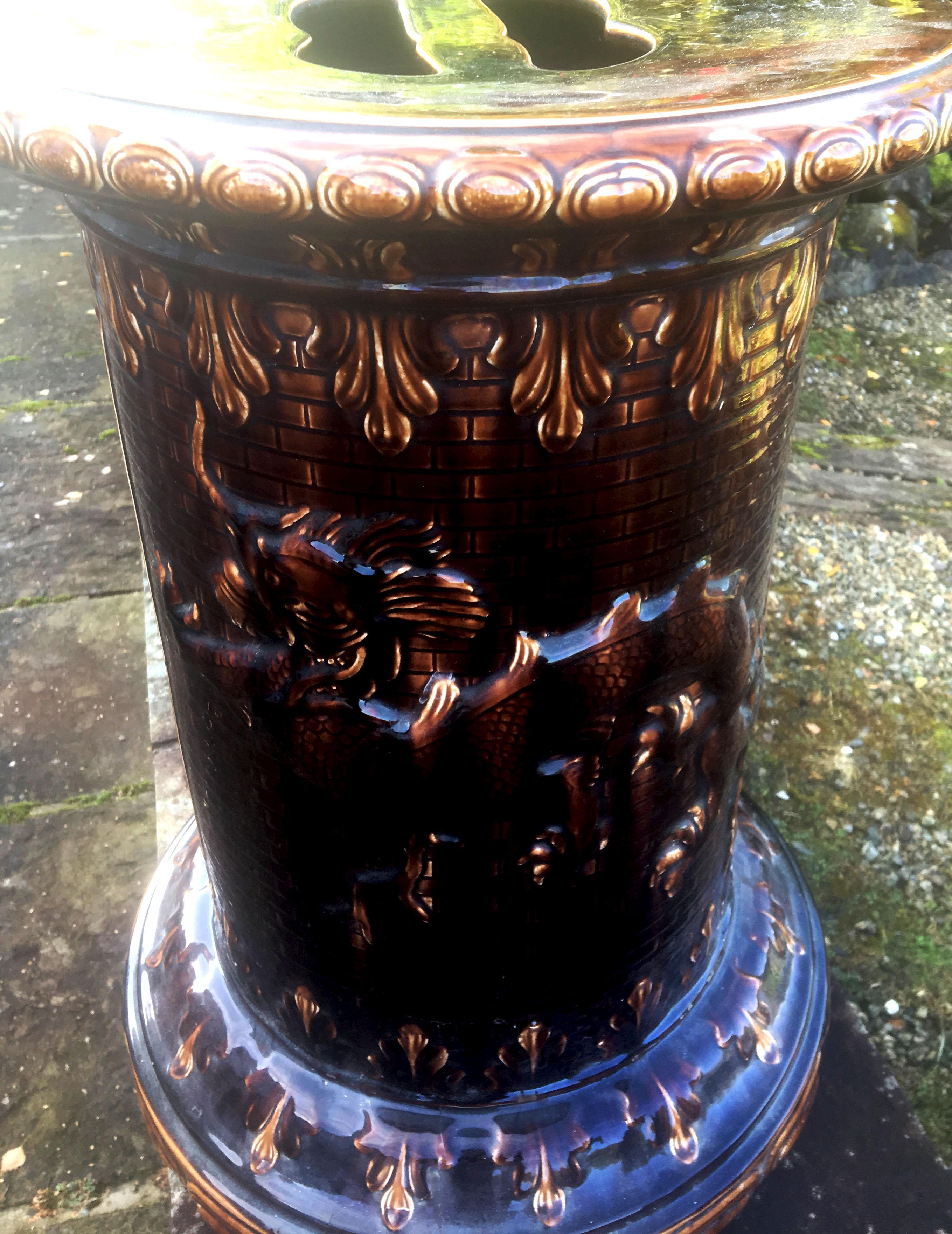 Aesthetic Movement Majolica Brown Glazed Pedestal Decorated with Dragons, circa 1890