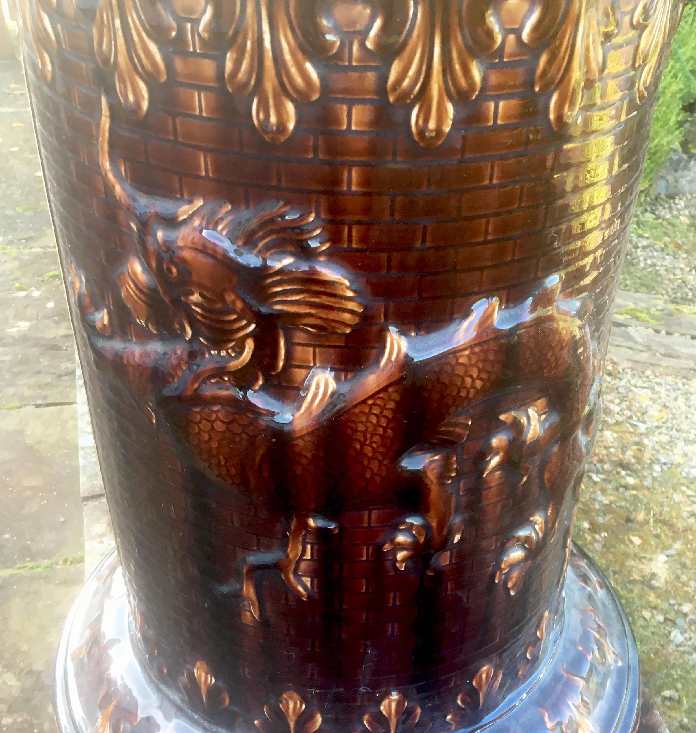 French Majolica Brown Glazed Pedestal Decorated with Dragons, circa 1890