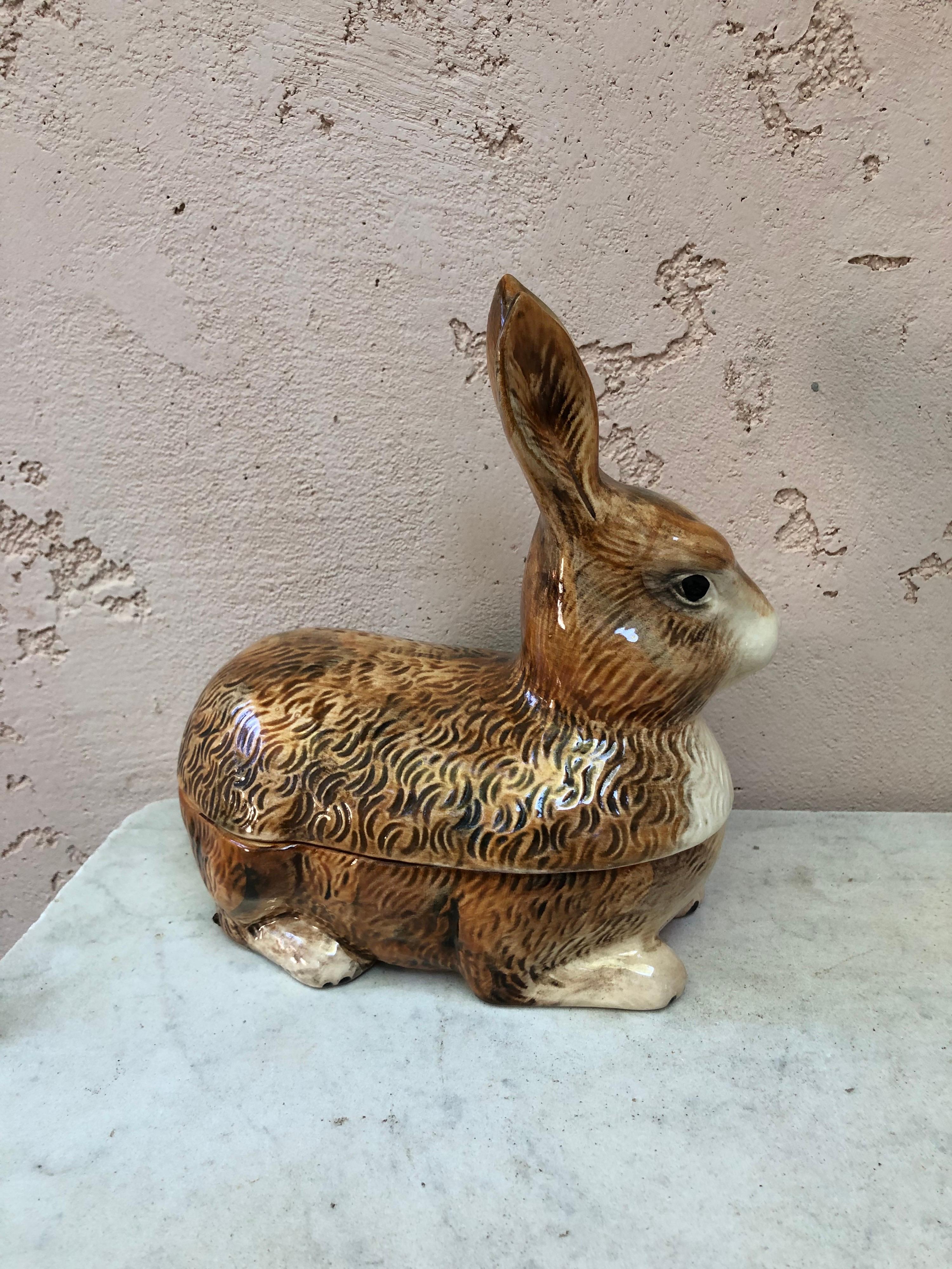 French Majolica rabbit tureen signed Caugant, circa 1940.