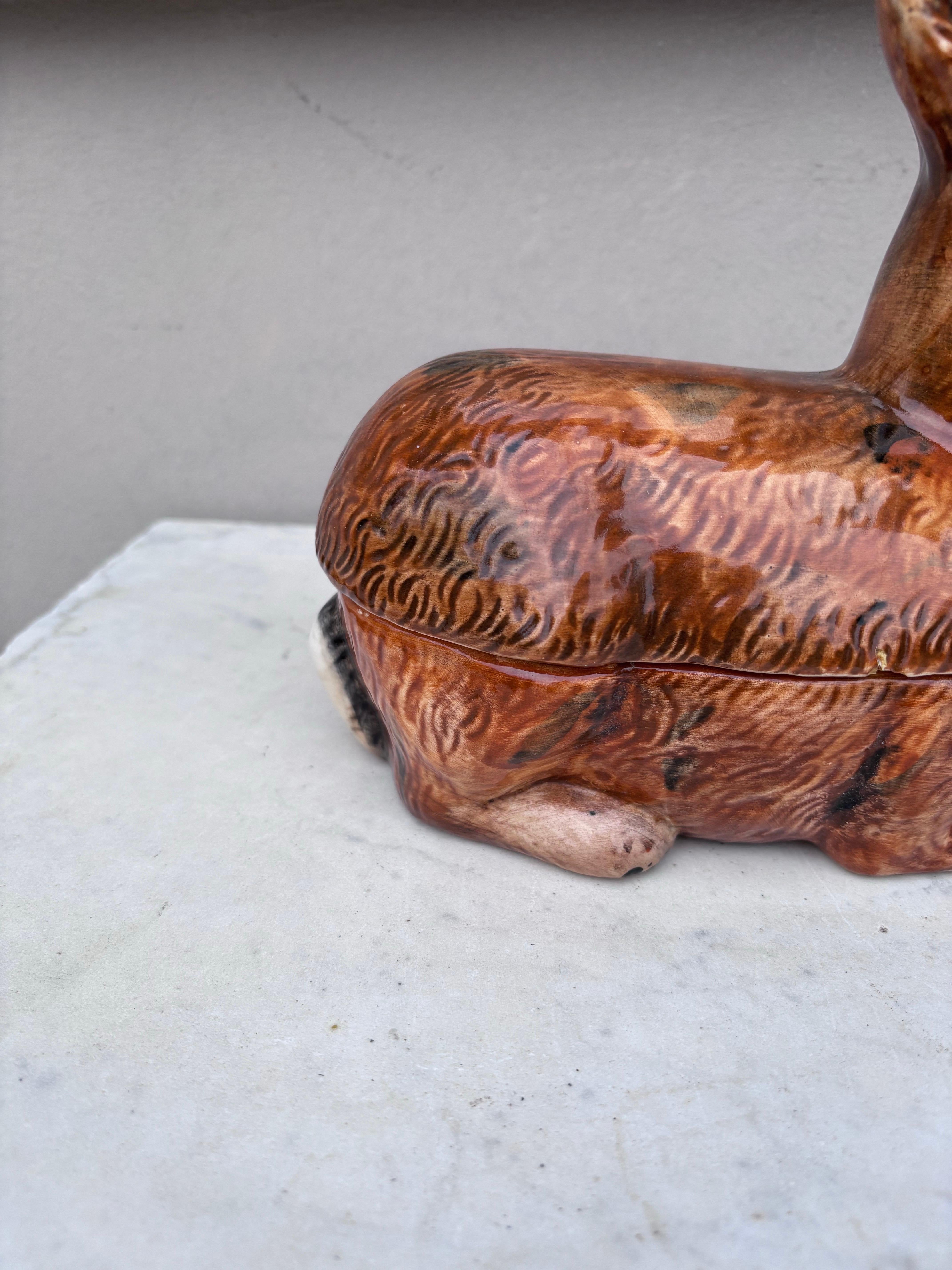 French Majolica Brown Rabbit Tureen Caugant For Sale