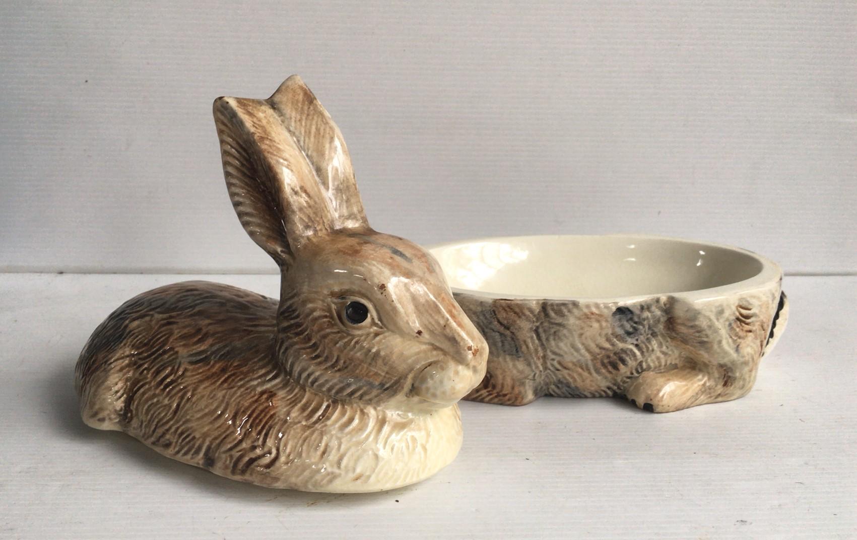 French Majolica rabbit tureen signed Caugant, circa 1940.