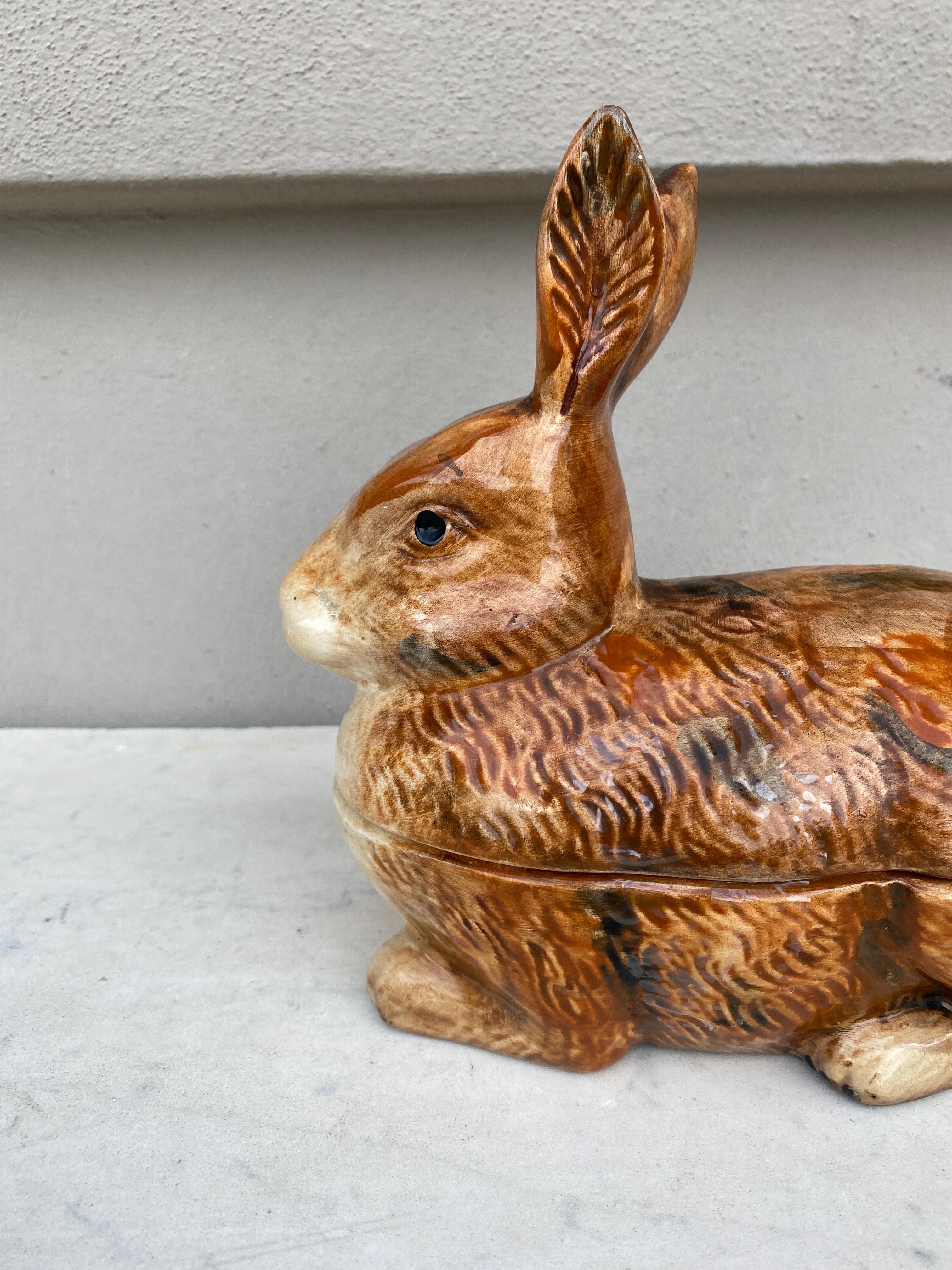 French Majolica rabbit tureen signed Caugant, circa 1940.
