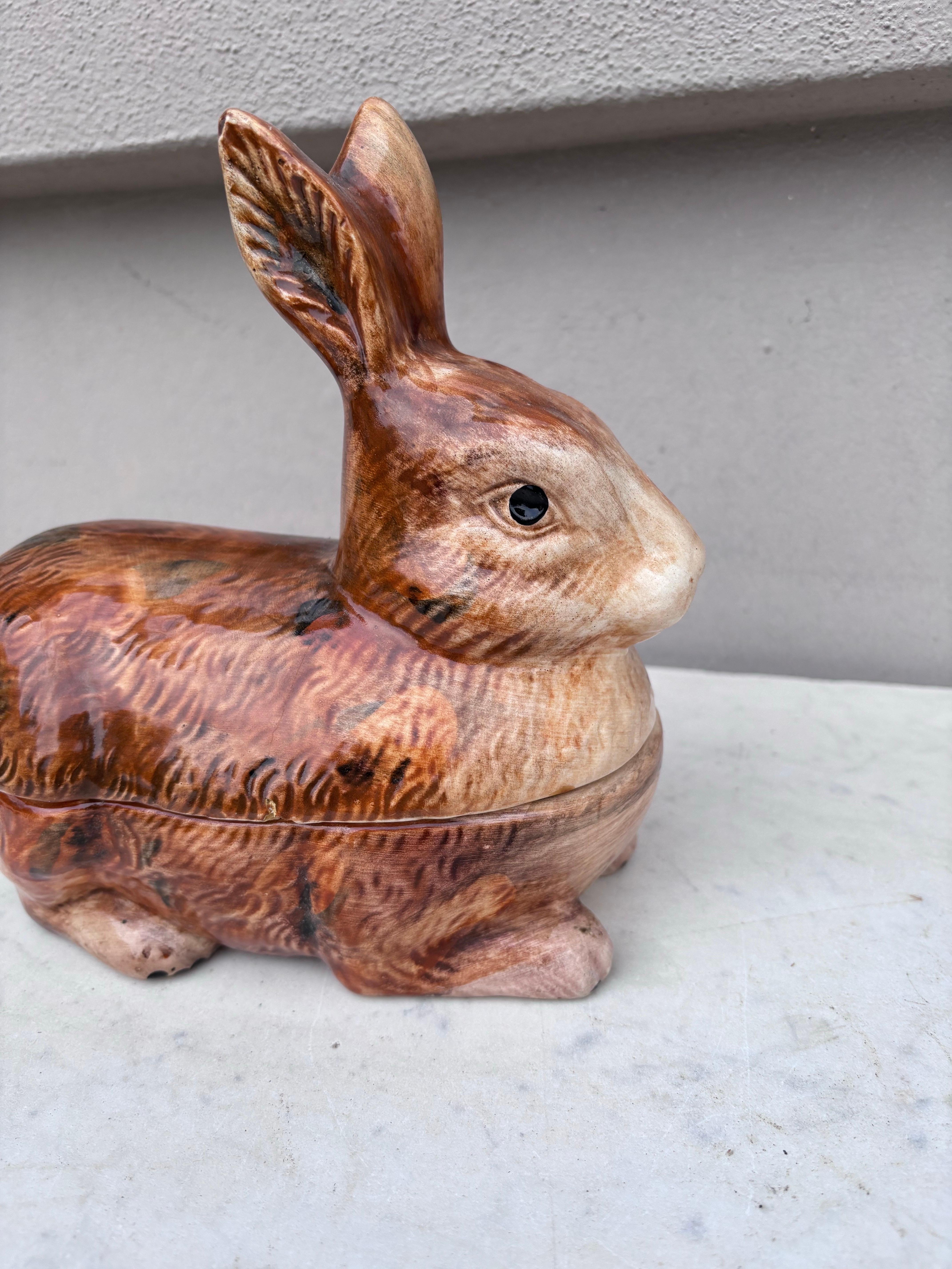 Mid-20th Century Majolica Brown Rabbit Tureen Caugant For Sale