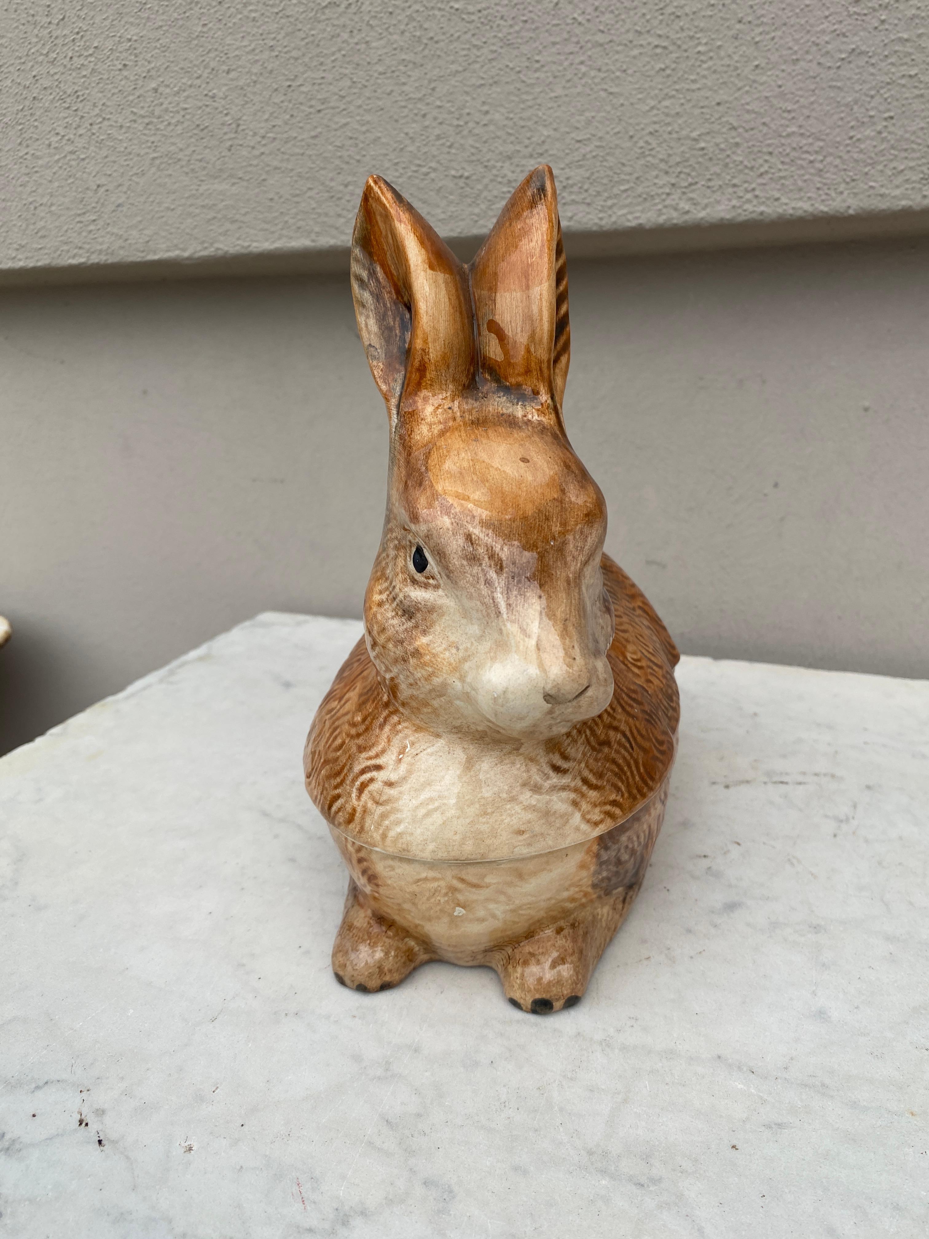 French Majolica Brown Rabbit Tureen Caugant For Sale