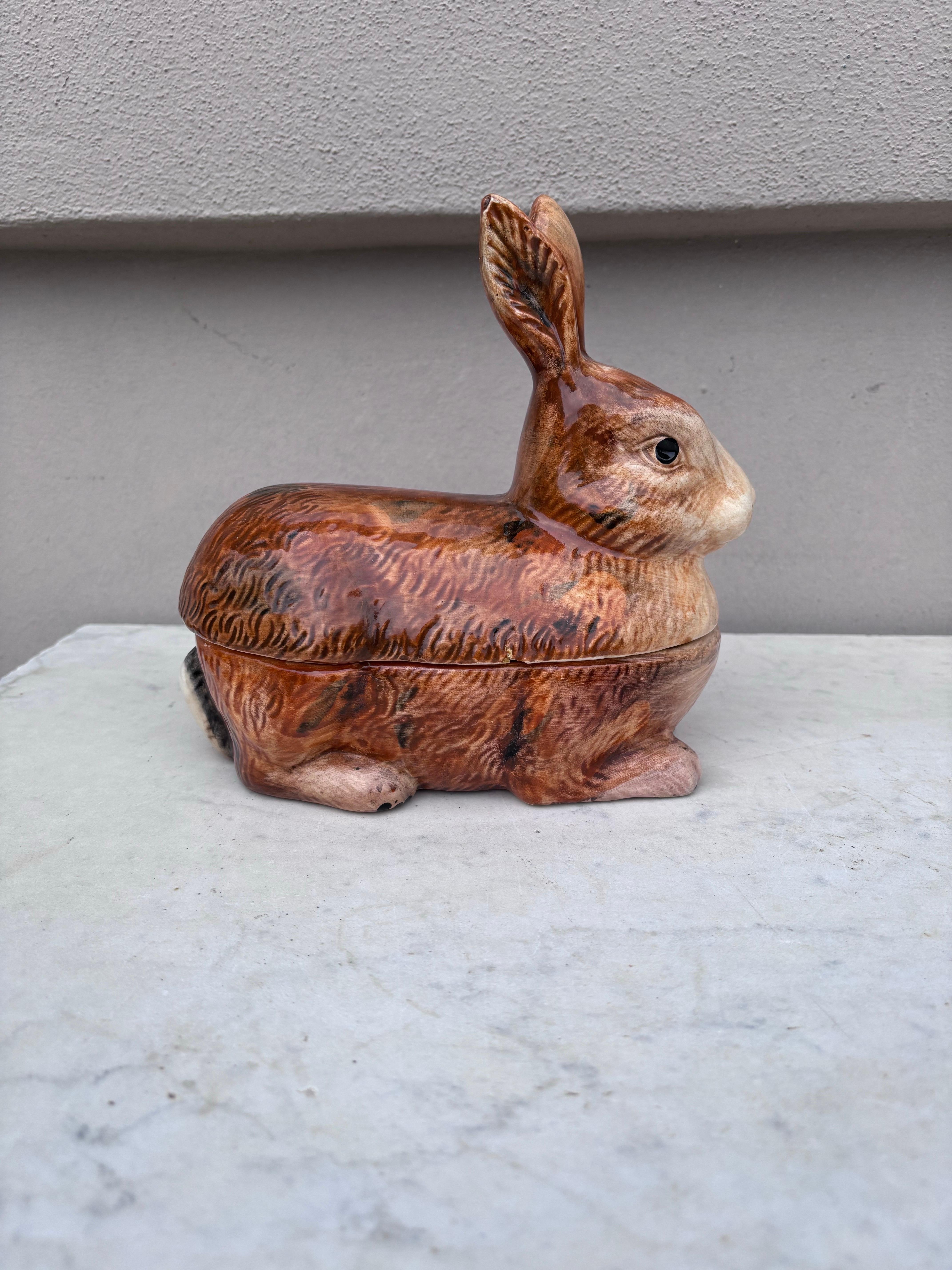 Country Majolica Brown Rabbit Tureen Caugant For Sale