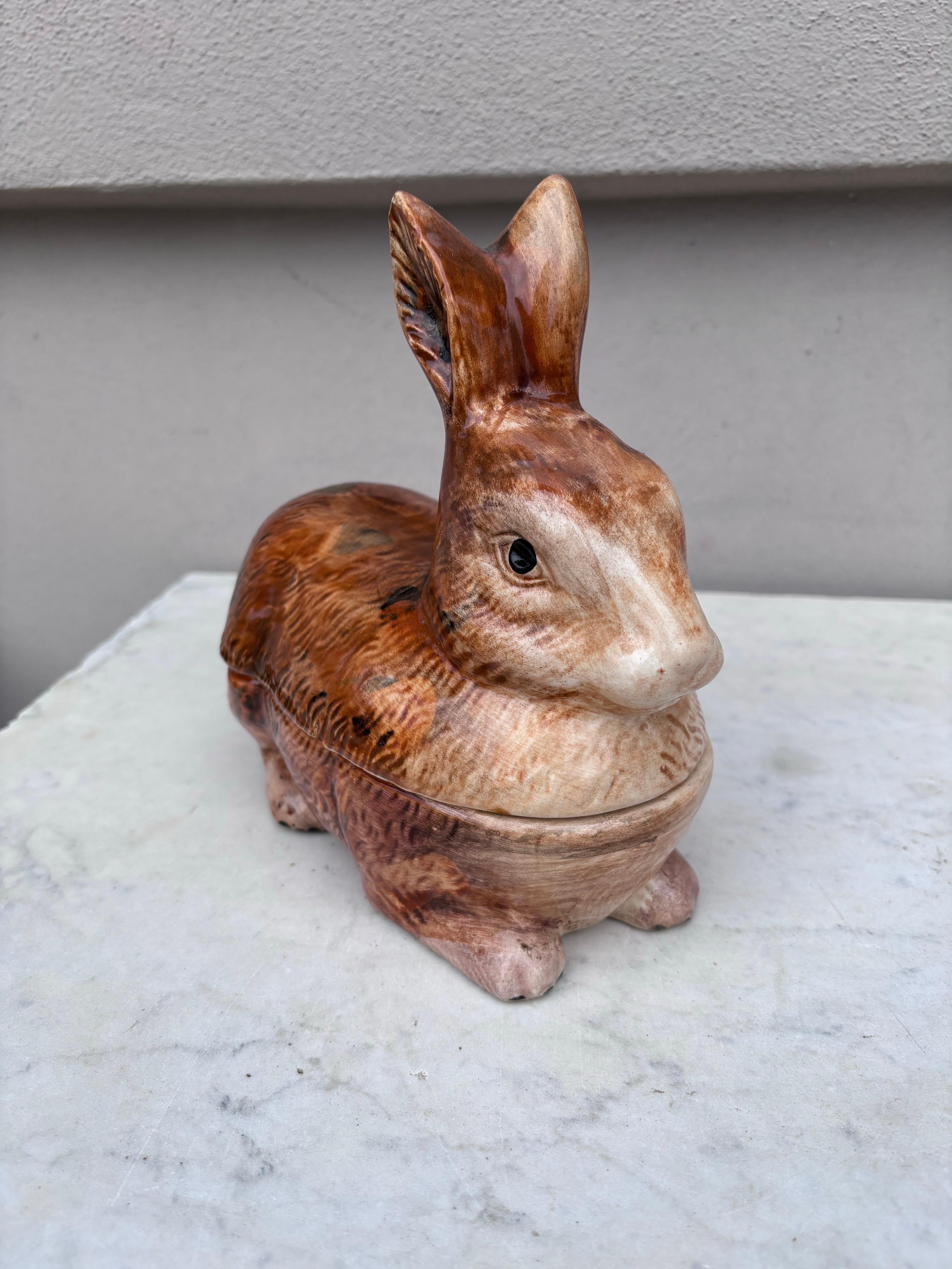 French Majolica rabbit tureen signed Caugant, circa 1940.