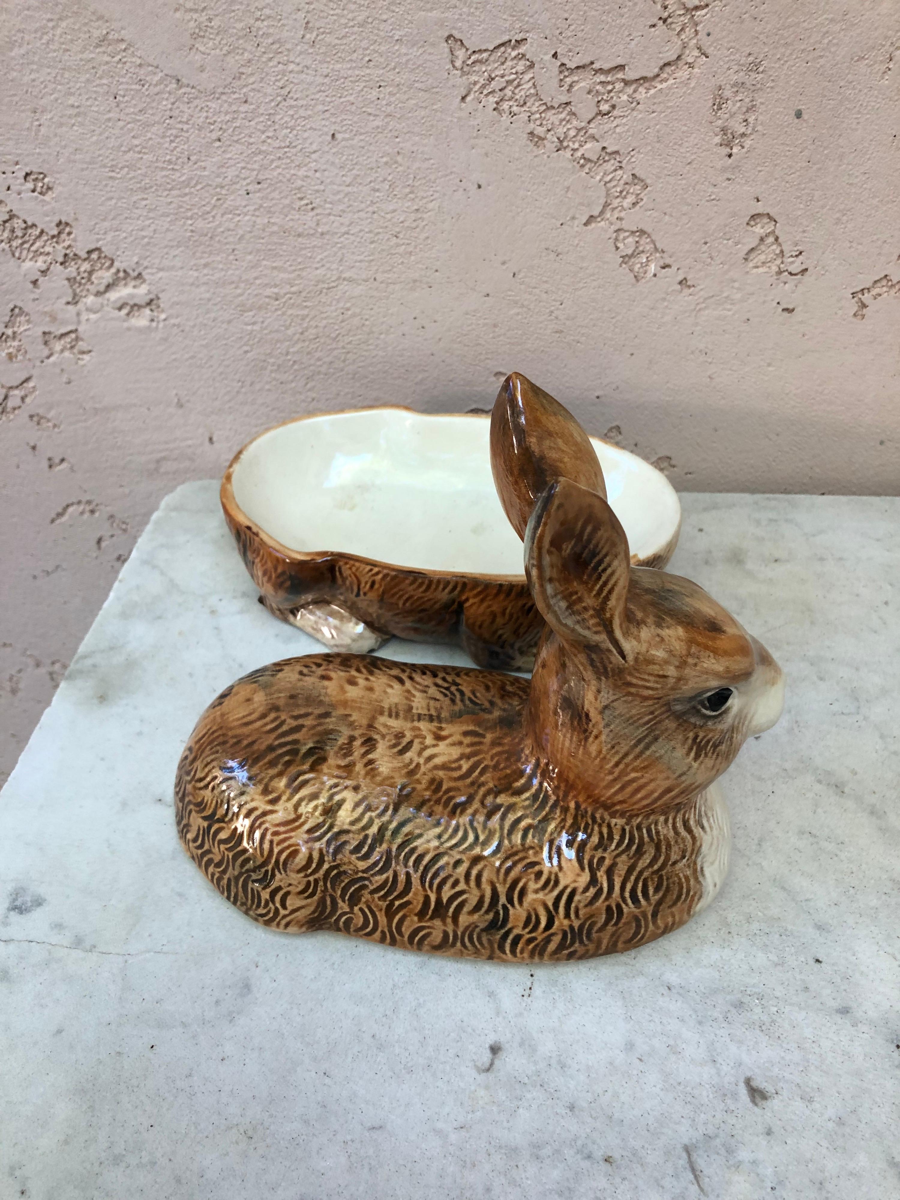 Ceramic Majolica Brown Rabbit Tureen Caugant