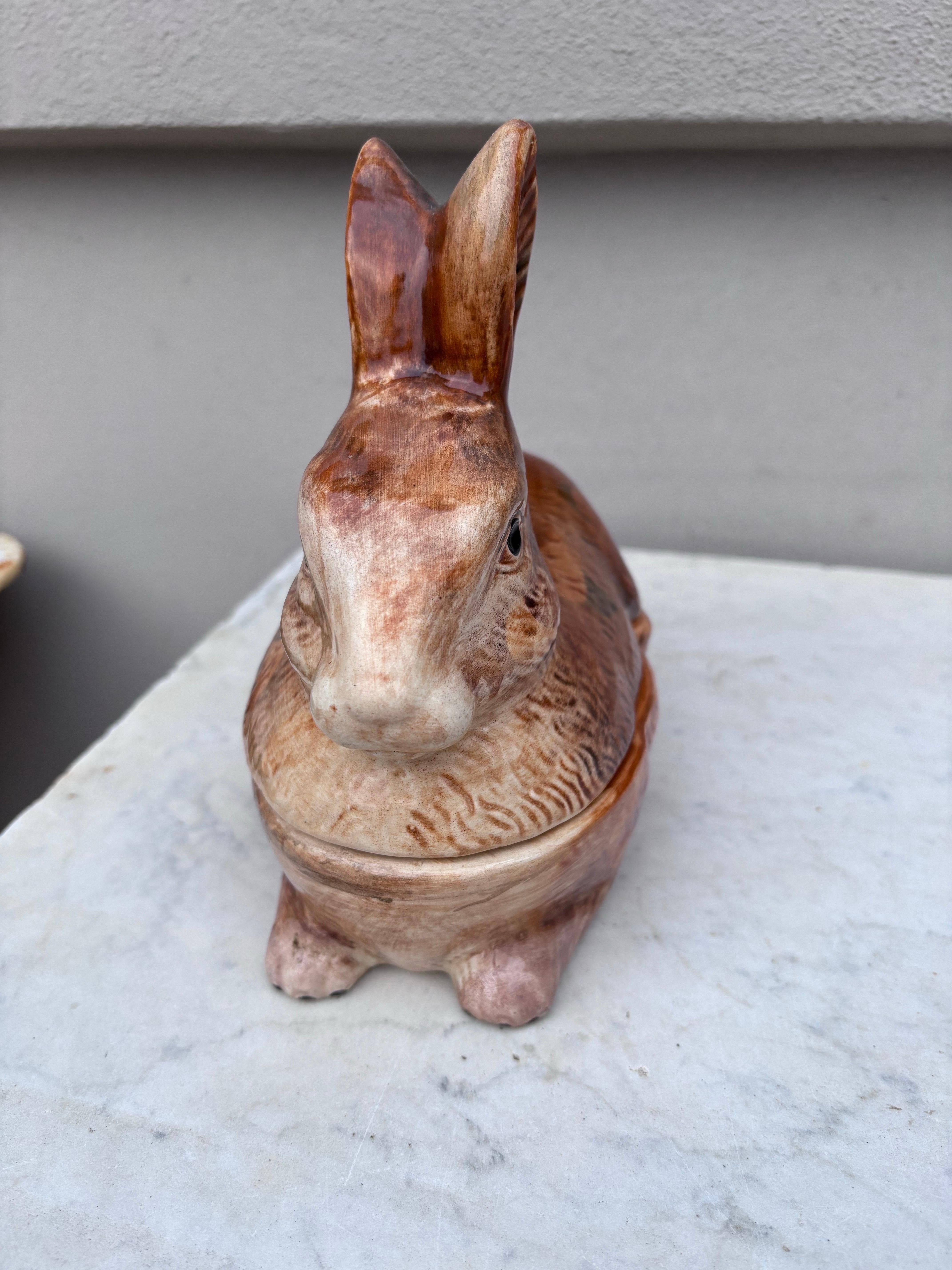 Ceramic Majolica Brown Rabbit Tureen Caugant For Sale