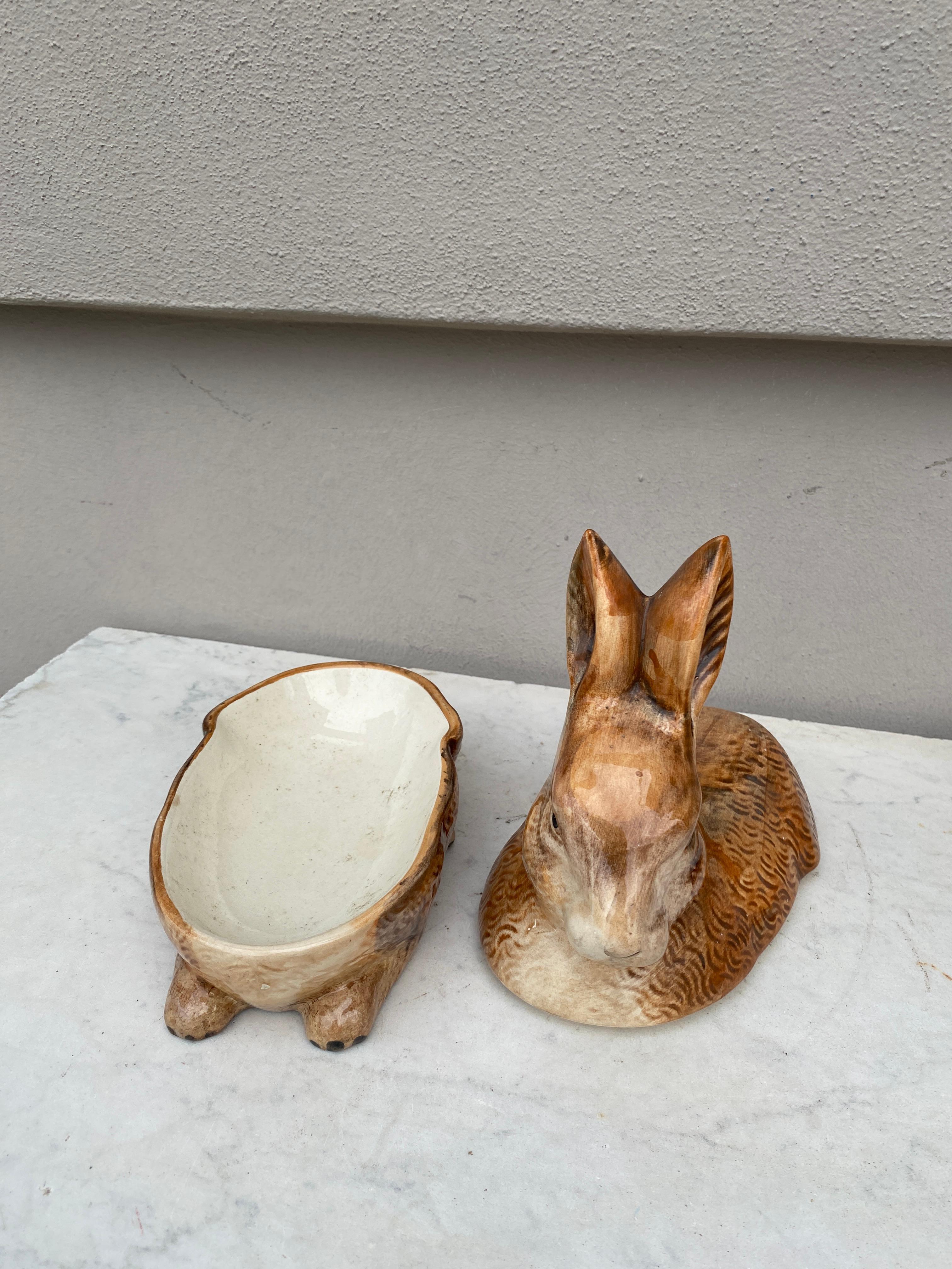 Ceramic Majolica Brown Rabbit Tureen Caugant For Sale