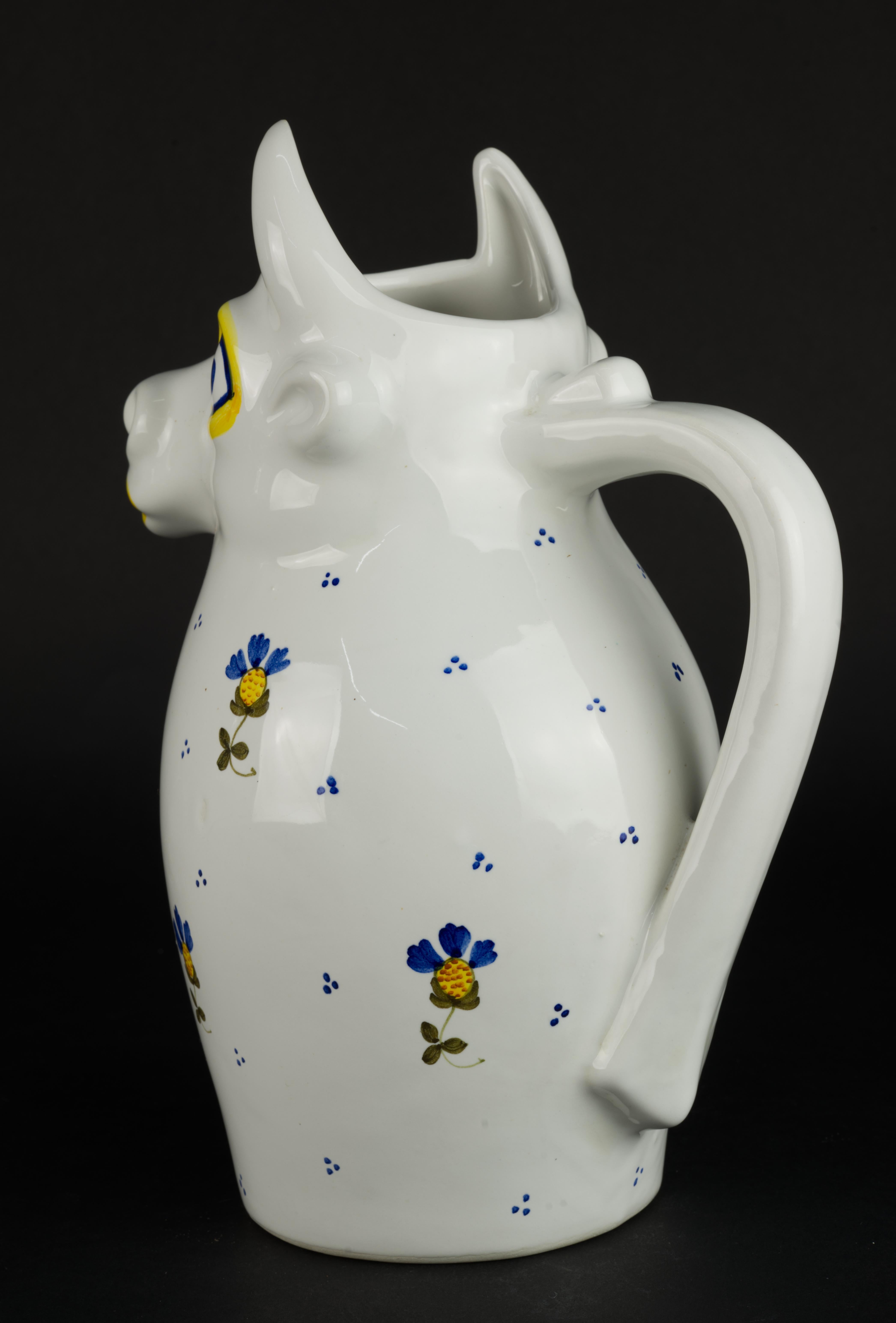 Ceramic Majolica Bull Pitcher Country Style Italy White and Blue Retro Signed For Sale