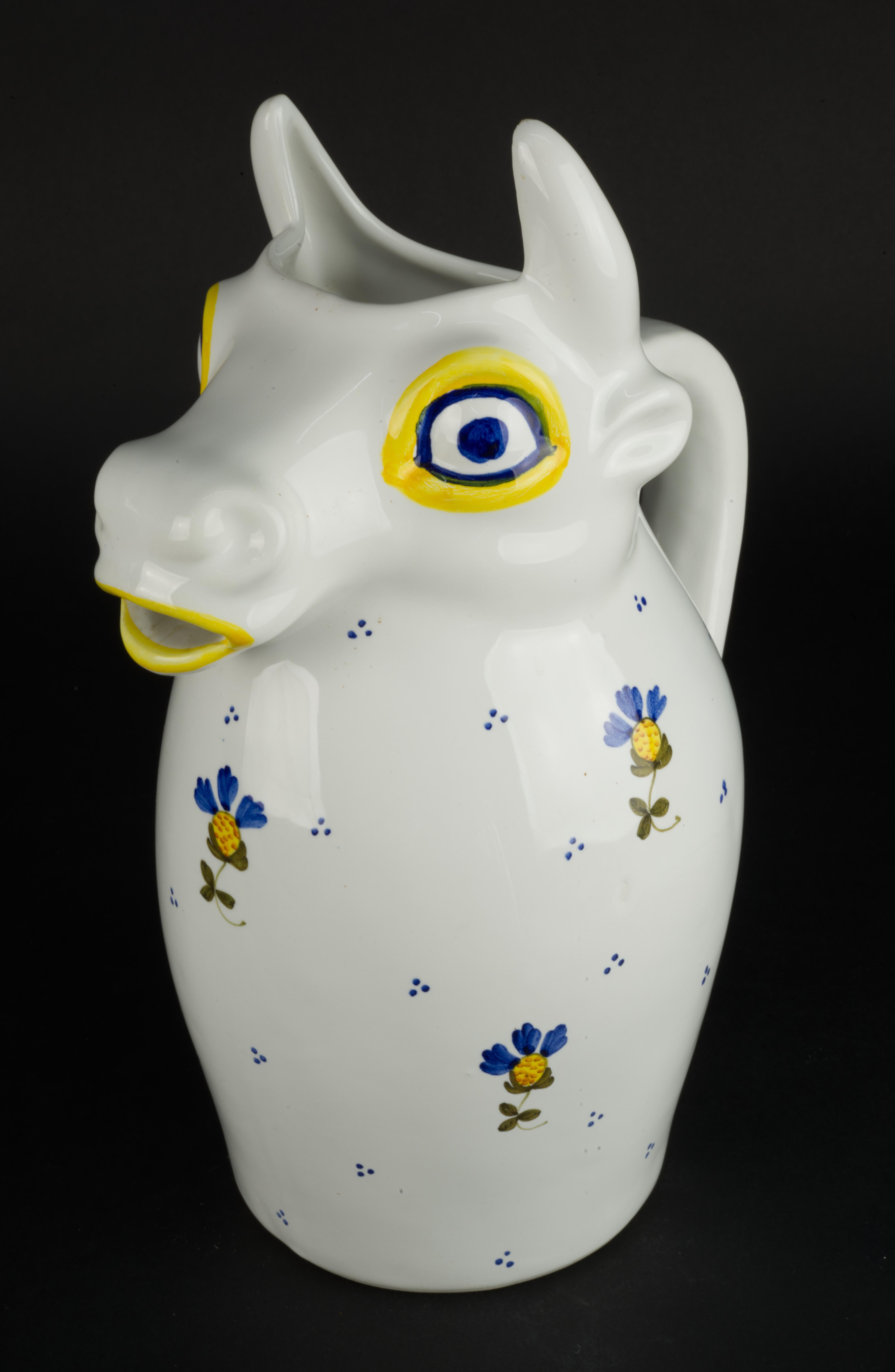 Majolica Bull Pitcher Country Style Italy White and Blue Retro Signed For Sale 1
