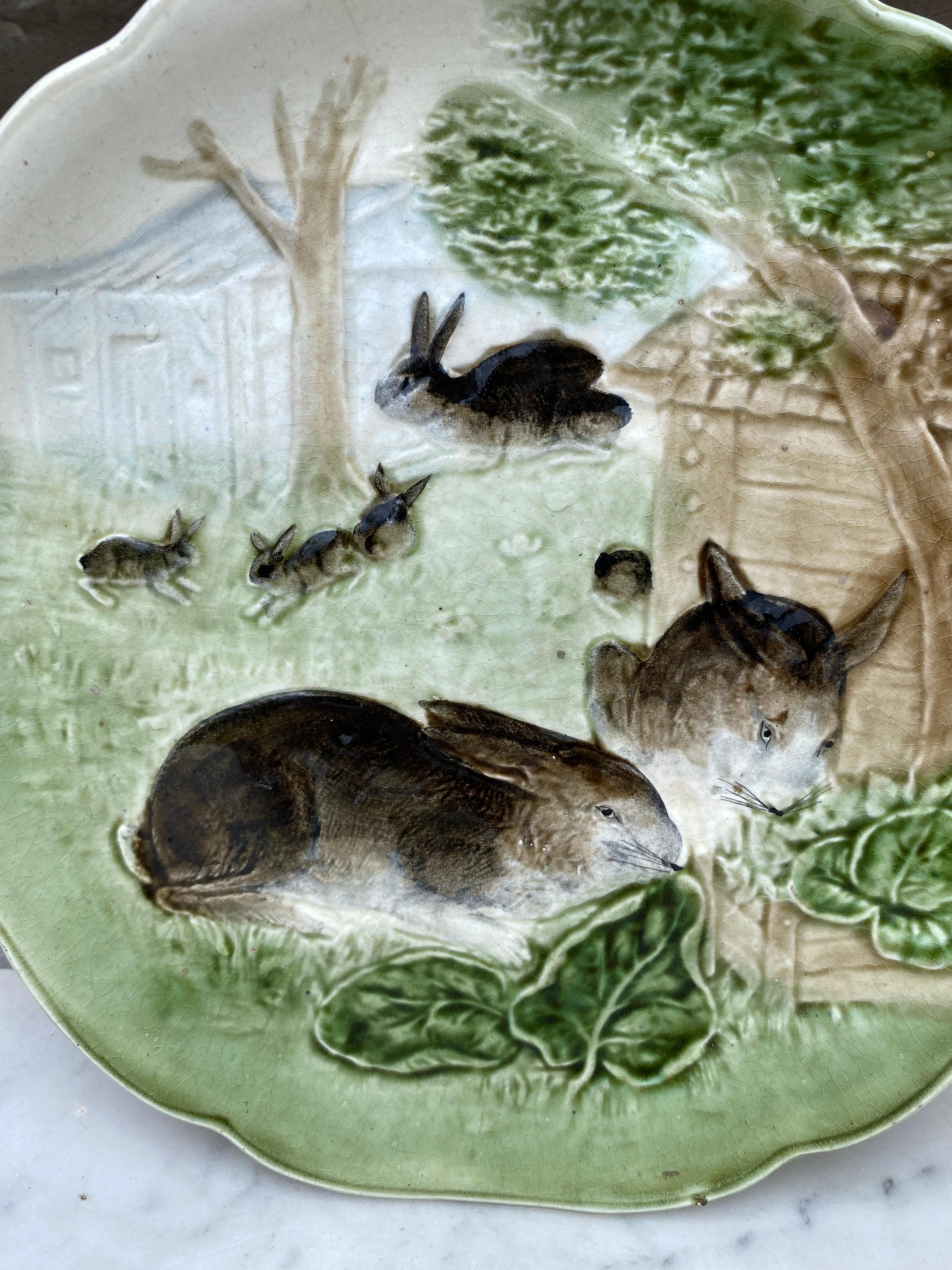 Charmante assiette en majolique française représentant une famille de lapins mangeant des choux, signée Choisy-le-Roi, vers 1880. (Plaques réalisées pour Higgins and Seiter New York).