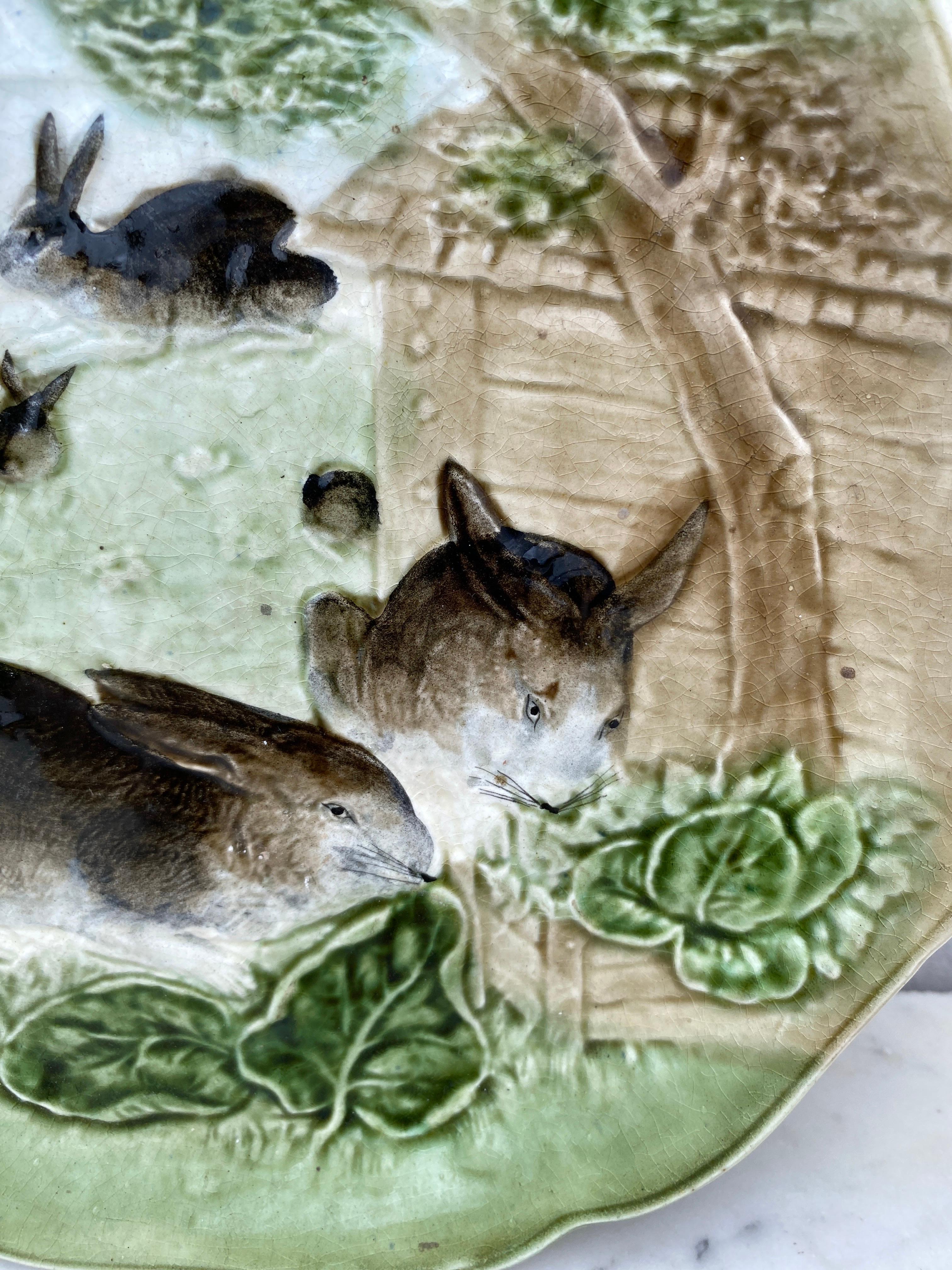 Provincial français Assiette familiale à lapins en majolique Choisy-le-Roi, vers 1880 en vente