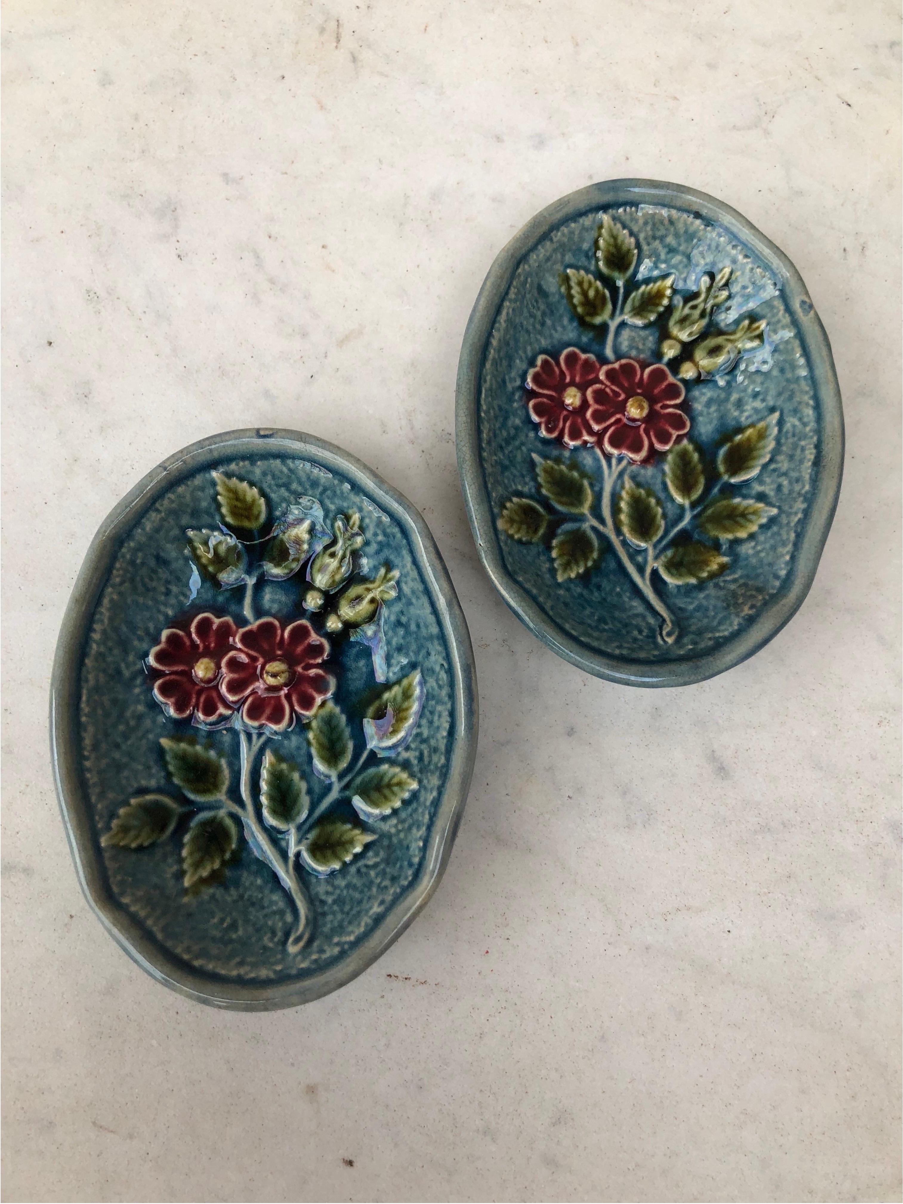 French majolica butter pat with flowers circa 1890.
