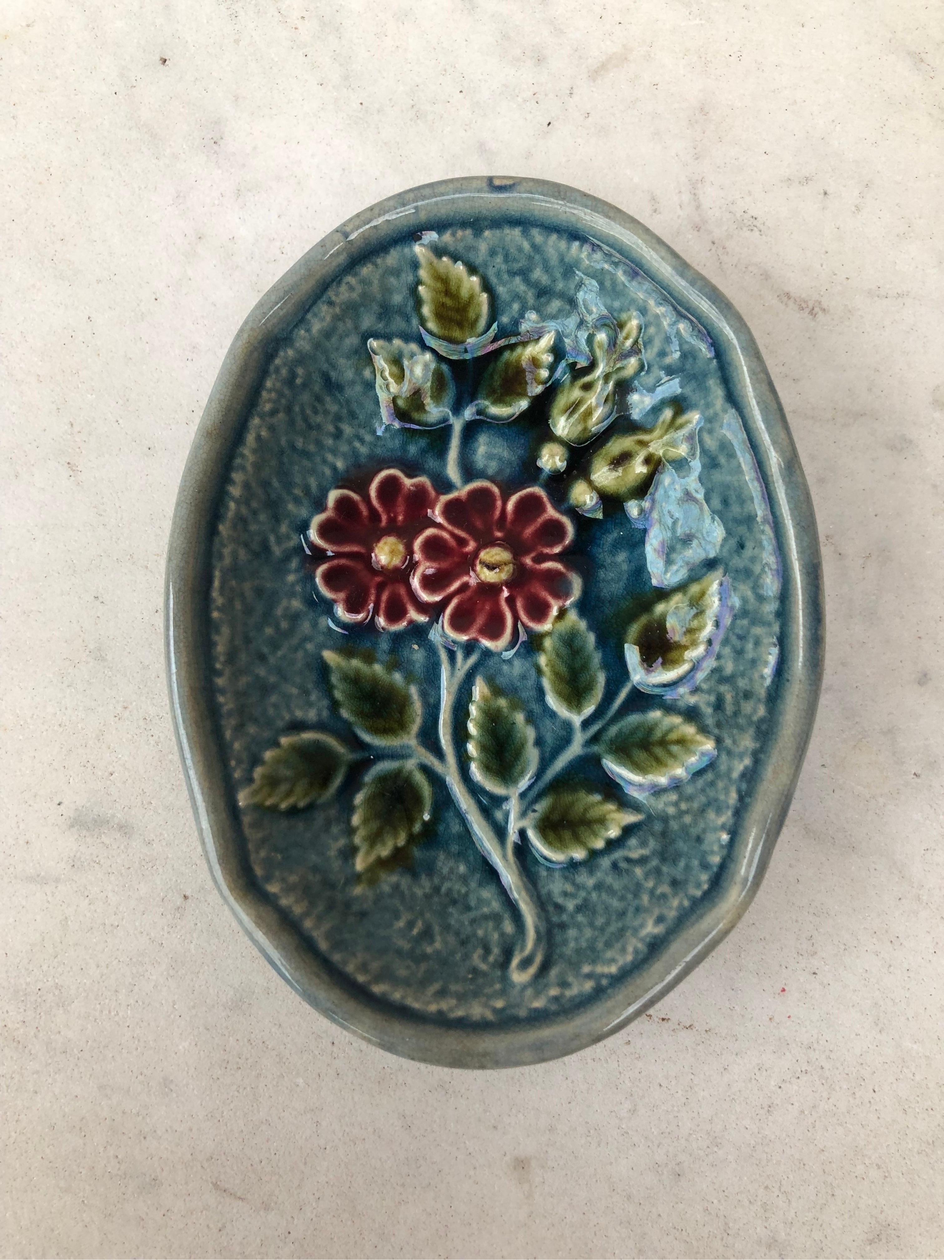Rustic Majolica Butter Pat with Flowers, Circa 1890 For Sale