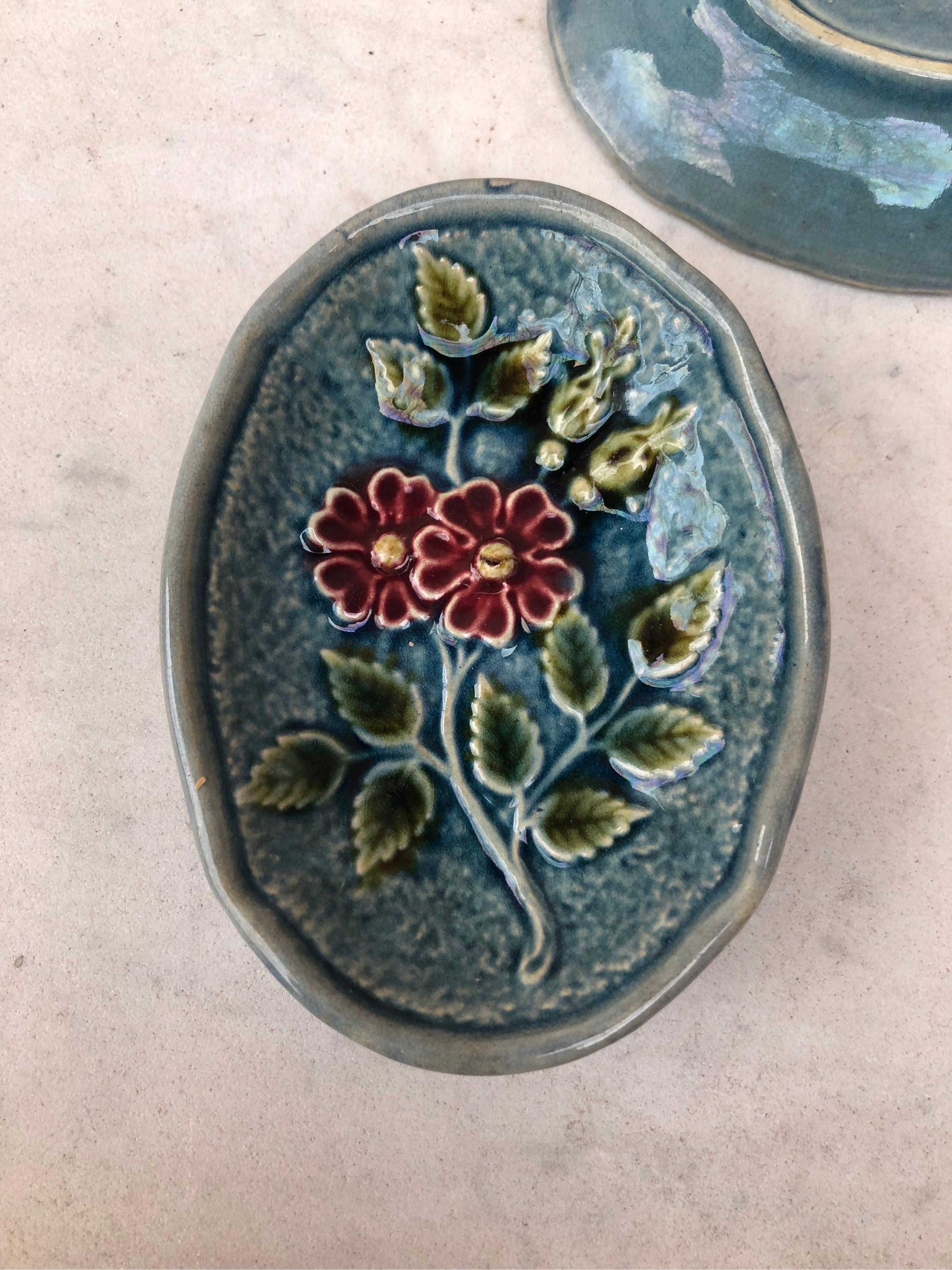 French Majolica Butter Pat with Flowers, Circa 1890 For Sale