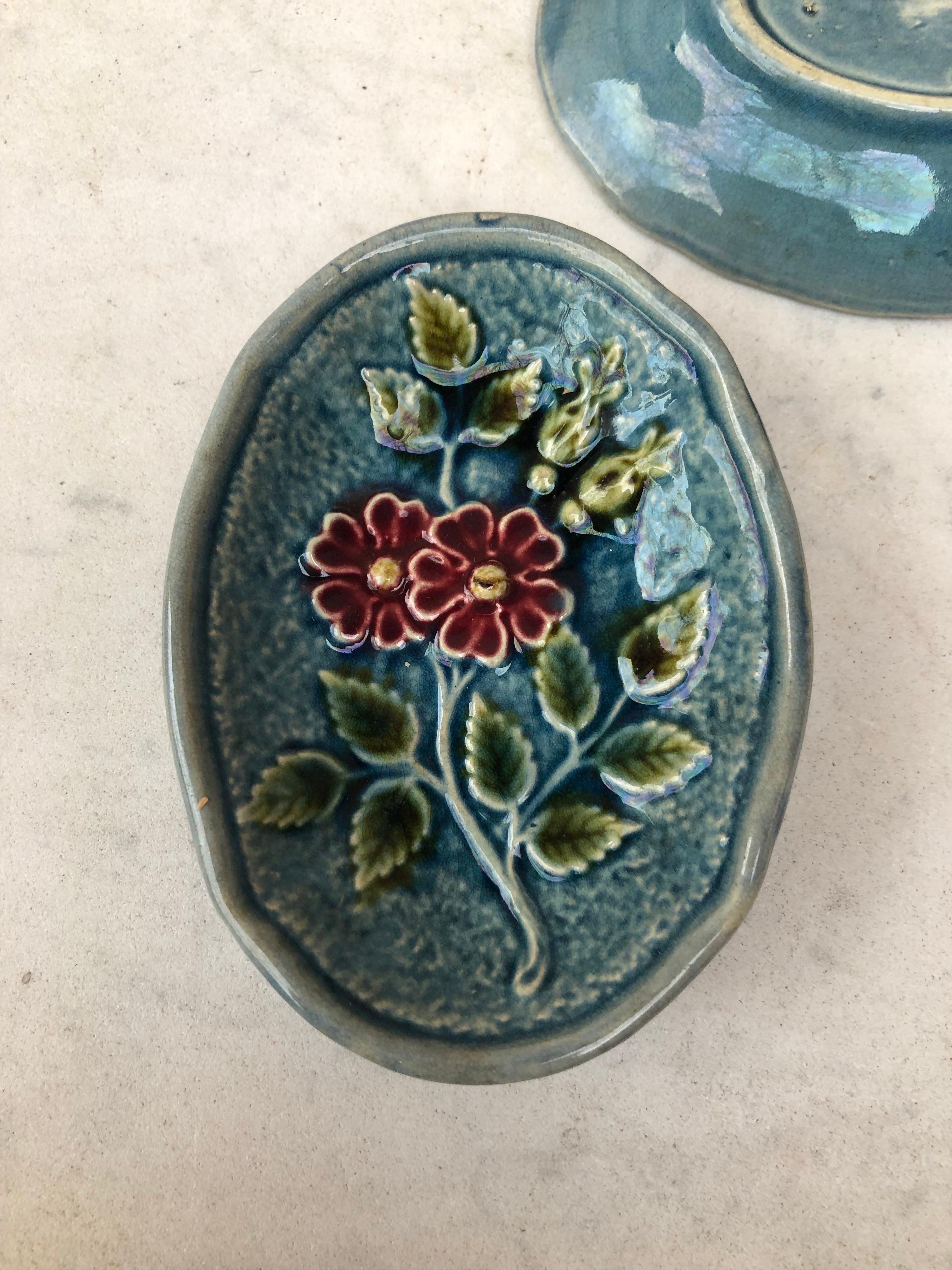 Late 19th Century Majolica Butter Pat with Flowers, Circa 1890 For Sale