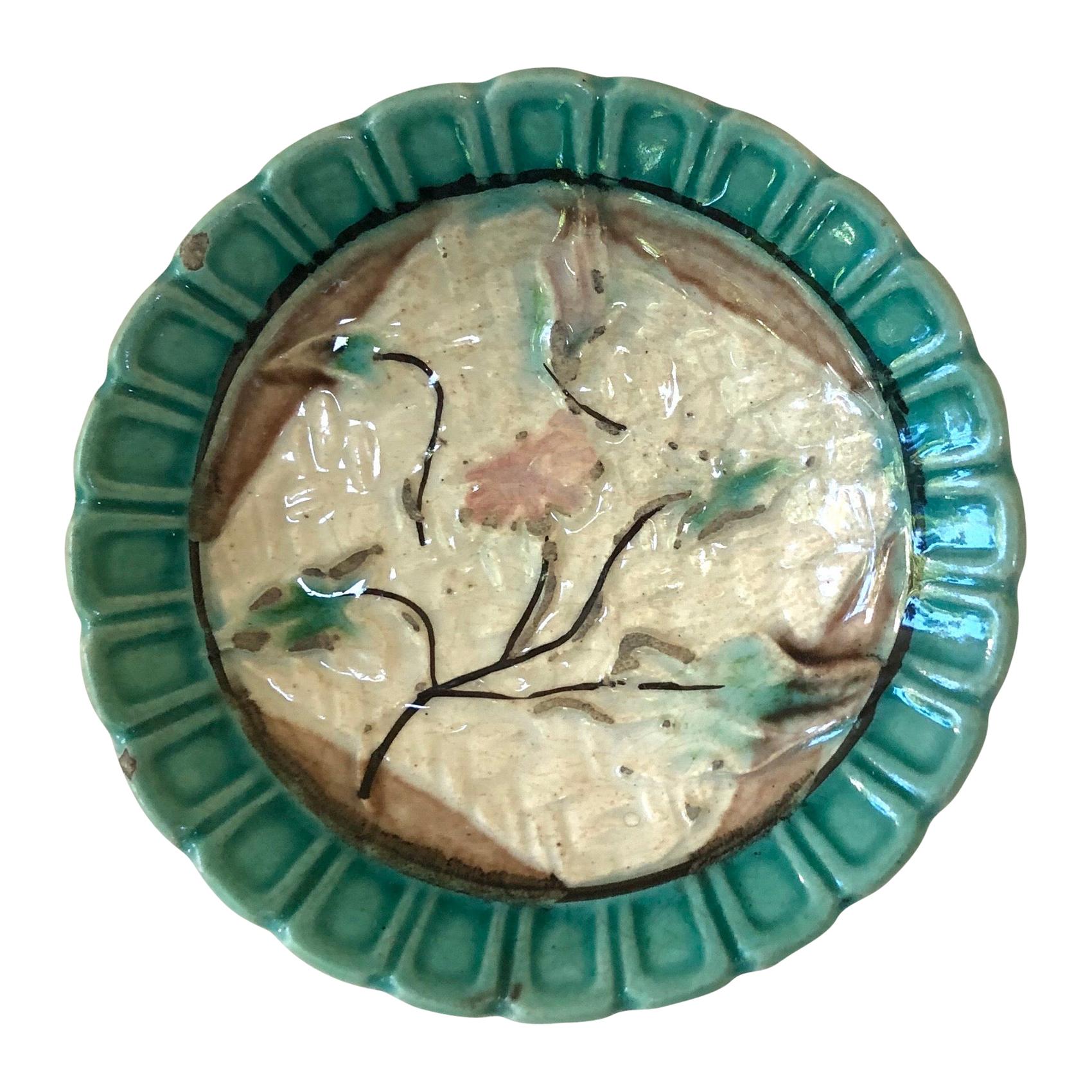 Majolica Butter Pat with Morning Glory, circa 1890 For Sale