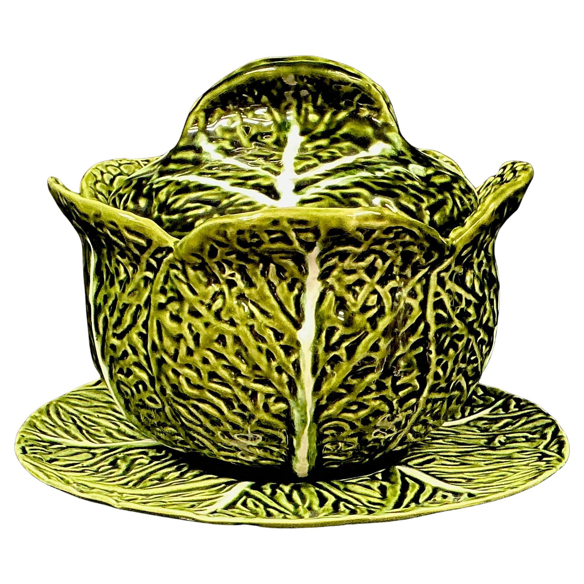 Majolica Cabbage Leaf Soup Tureen With Lid and Underplate