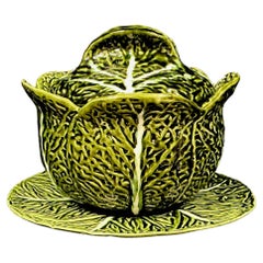 Majolica Cabbage Leaf Soup Tureen With Lid and Underplate
