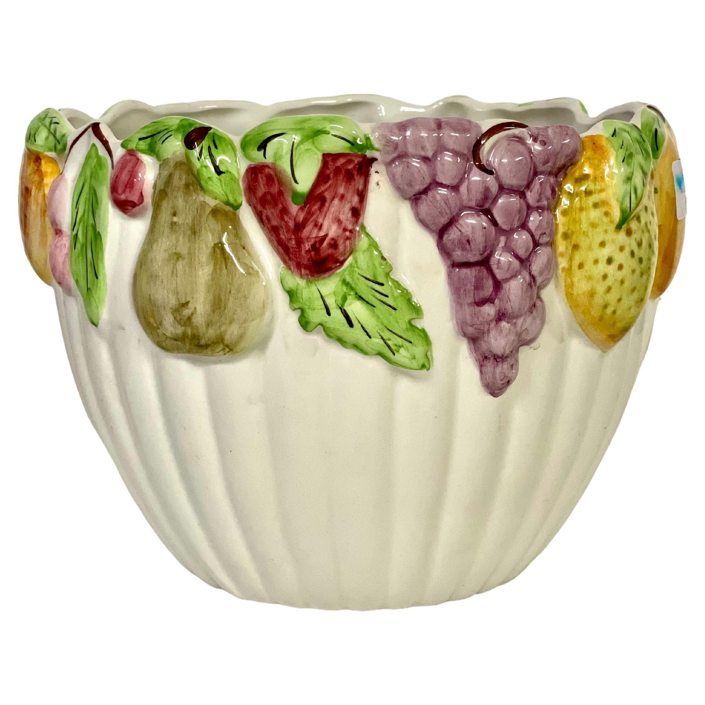 Majolica Cache Pot with Fruit Decoration, 19th Century For Sale