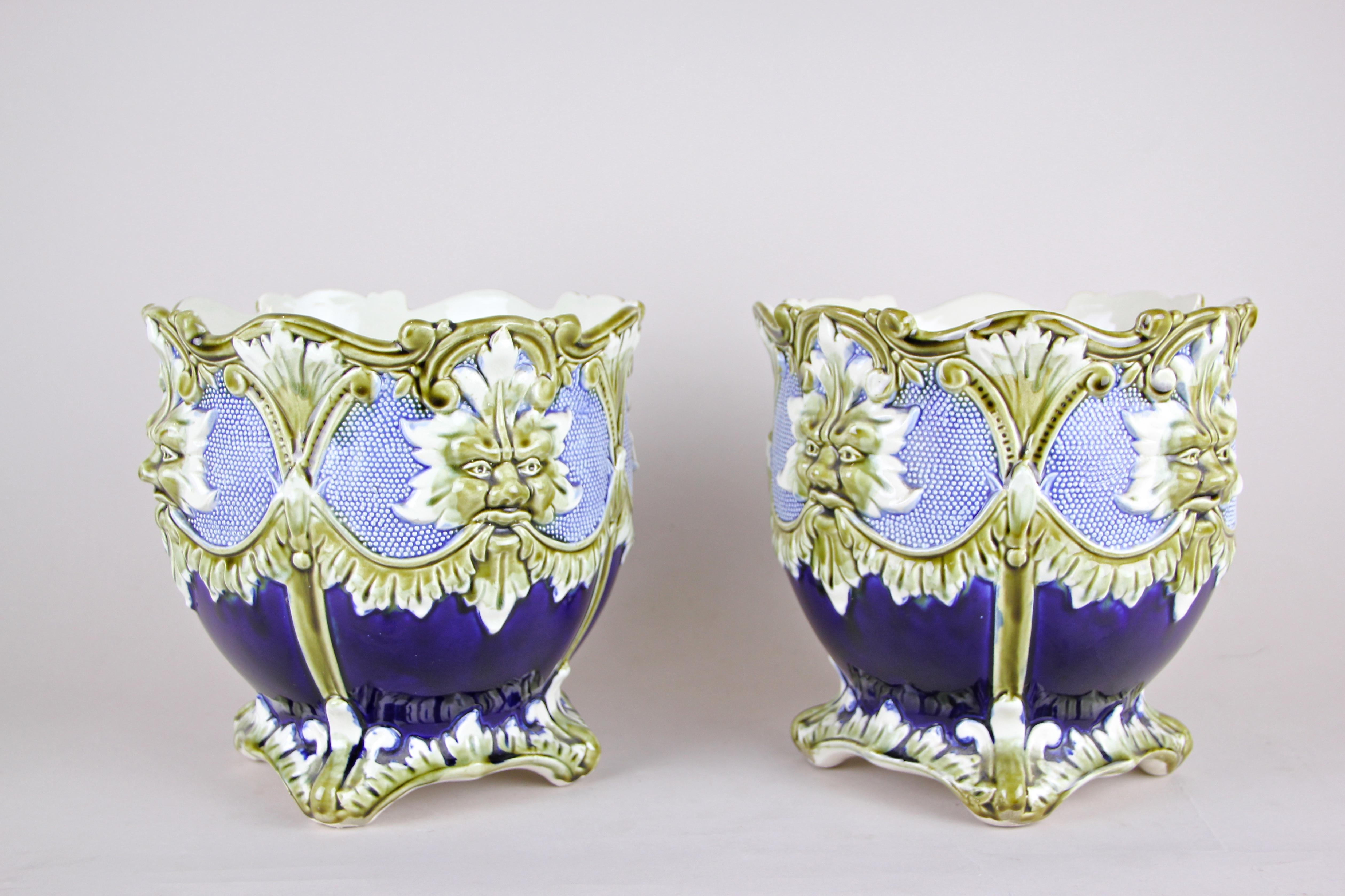Hand-Painted Majolica Cachepot Set of Three by B. De Bruyne Art Nouveau, France, circa 1900