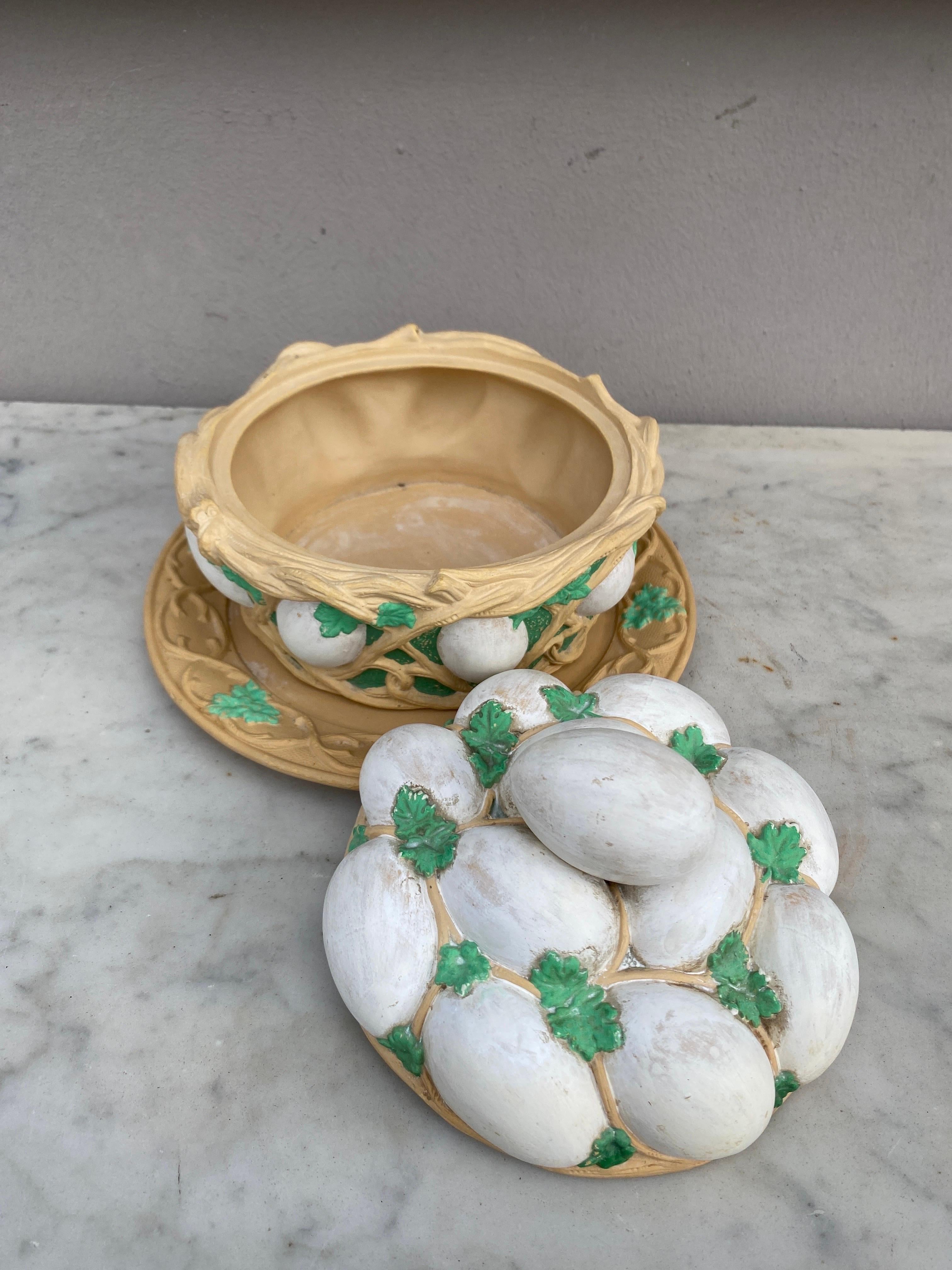 Rare Continental Majolica-style caneware egg basket with the underplate, circa 1880 signed Wilhelm Schiller and Sons.
Caneware is a type of unglazed, tan-colored stoneware, developed circa 1770 by Josiah Wedgwood.
Platter / 8.5