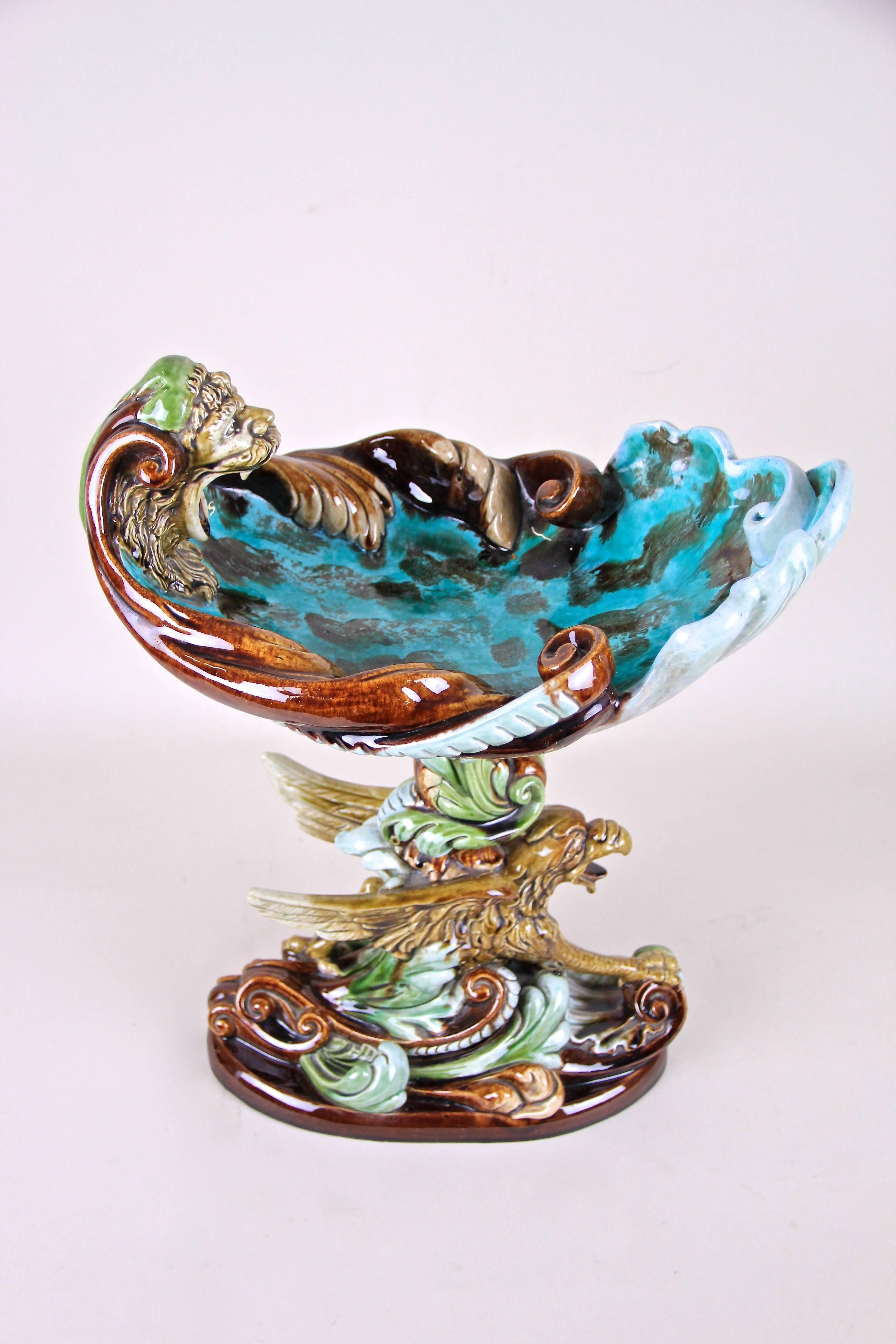 We are very proud to present to you this breathtaking large Majolica Centerpiece by Wilhelm Schiller & Son, the famous majolica manufactory out of Bohemia. An exceptional masterpiece of early Art Nouveau majolica art around 1890. Beautifully