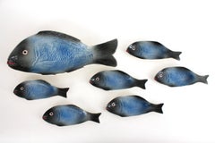 Majolica Ceramic Blue Fish Plates and Platter Serving Set, 1960